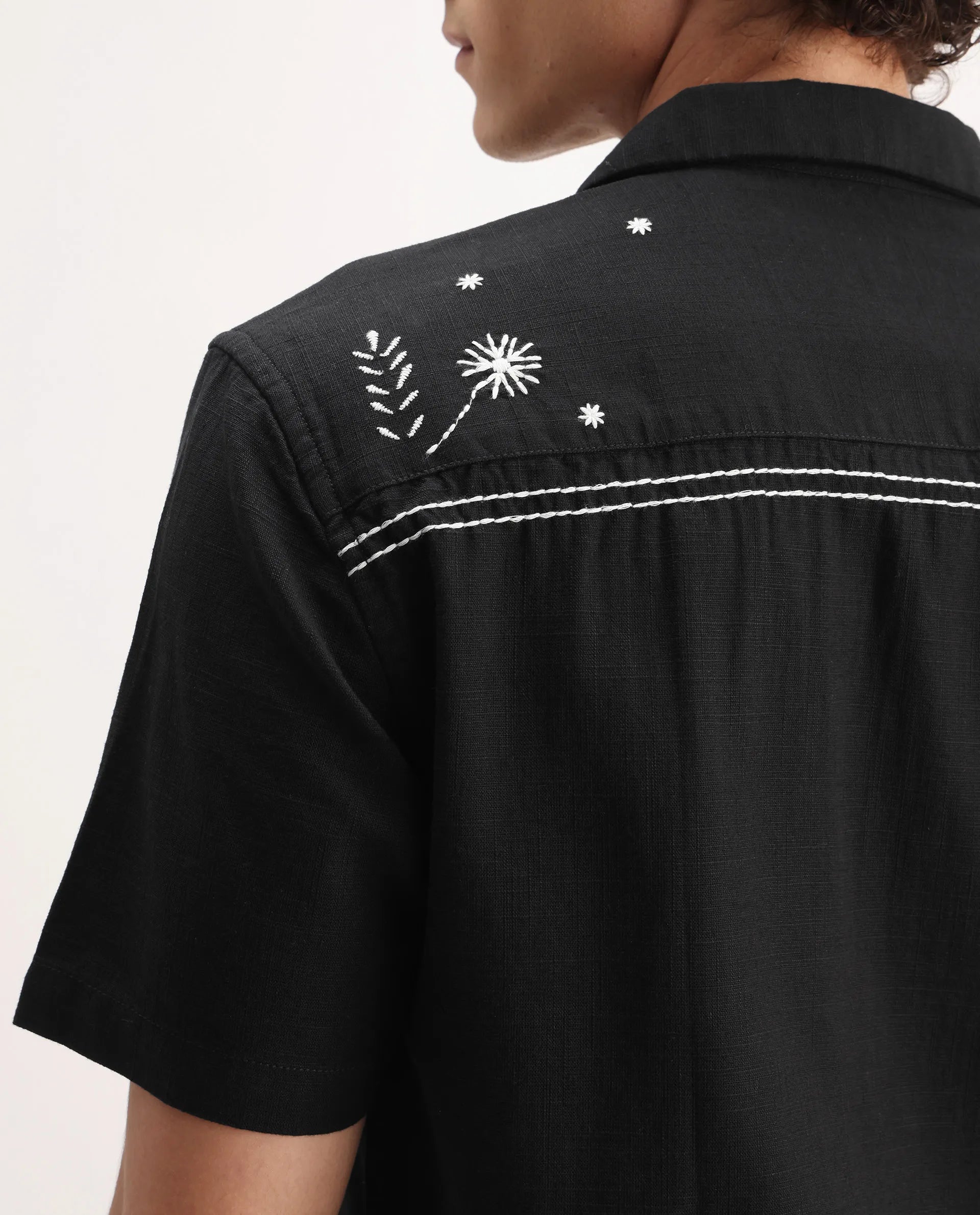 Rare Rabbit Men's Gwen Black Viscose Embroidered Boxy Fit Half Sleeve Cuban Collar Shirt