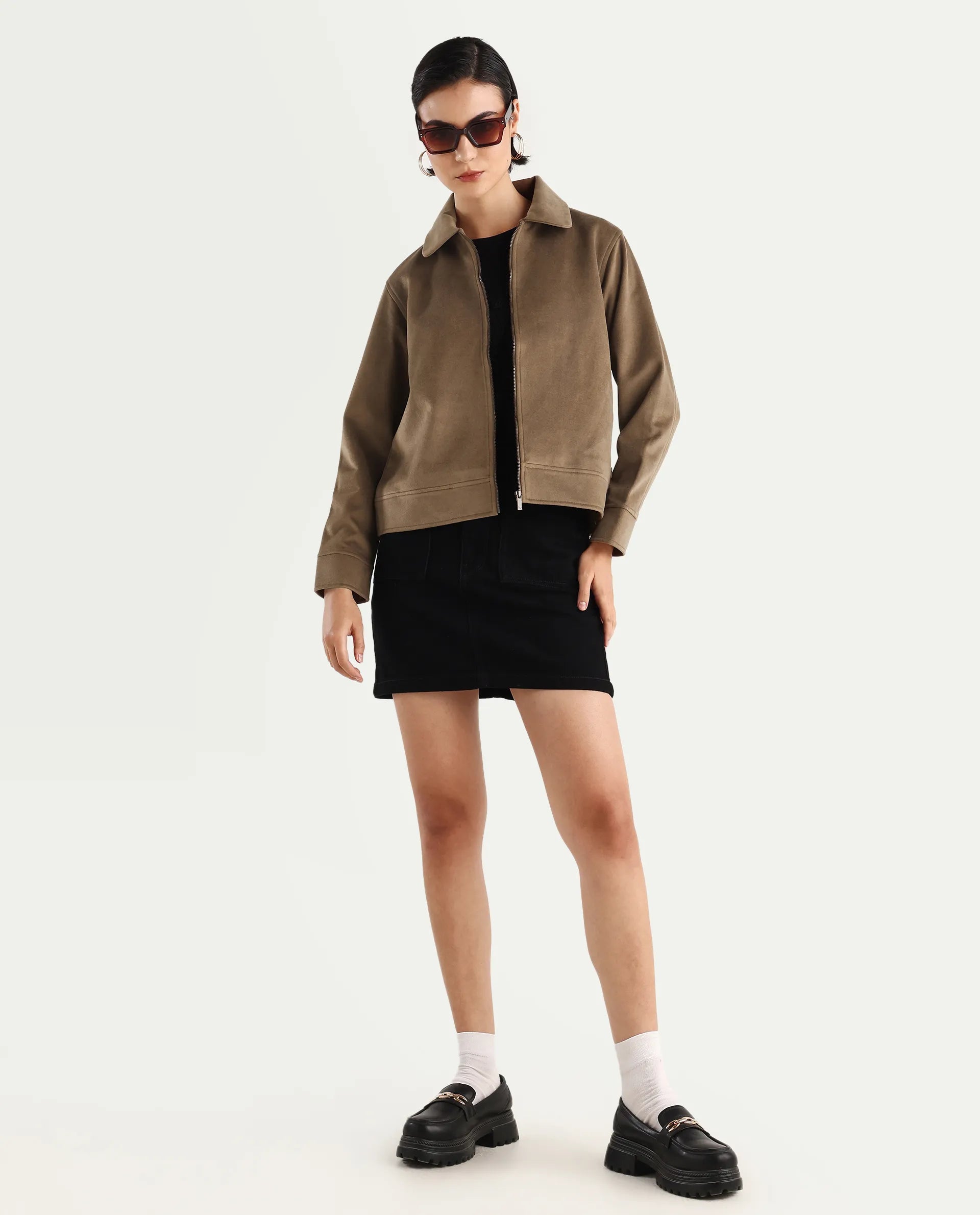 Rareism Women's Gympie Dark Tan Tweed Spread Collar Plain Cuffed Sleeve Regular Fit Jacket