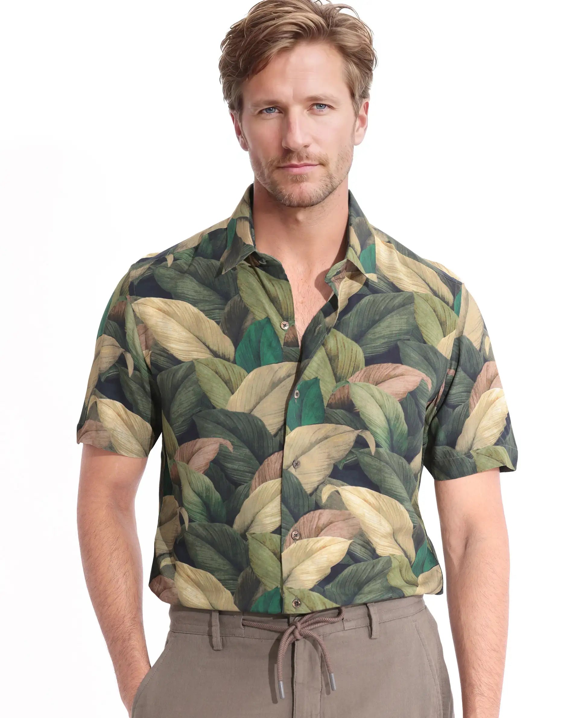 Rare Rabbit Men's Growr Green Viscose Fabric tropical Print Half Sleeves Shirt