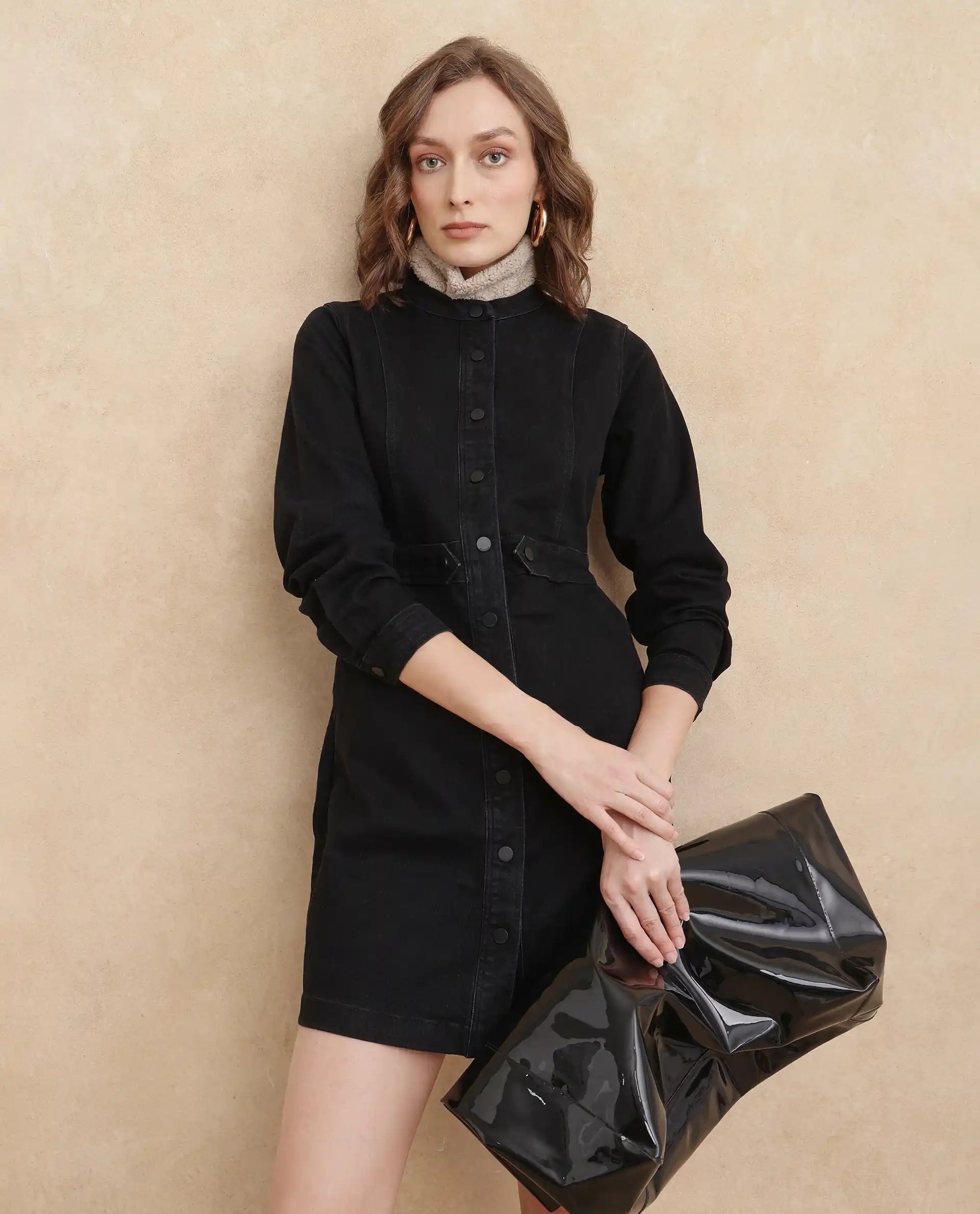 Rareism Women's Lizmi Black Cotton Blend Fabric High Neck Button Closure Cuffed Sleeve Plain Mini Dress