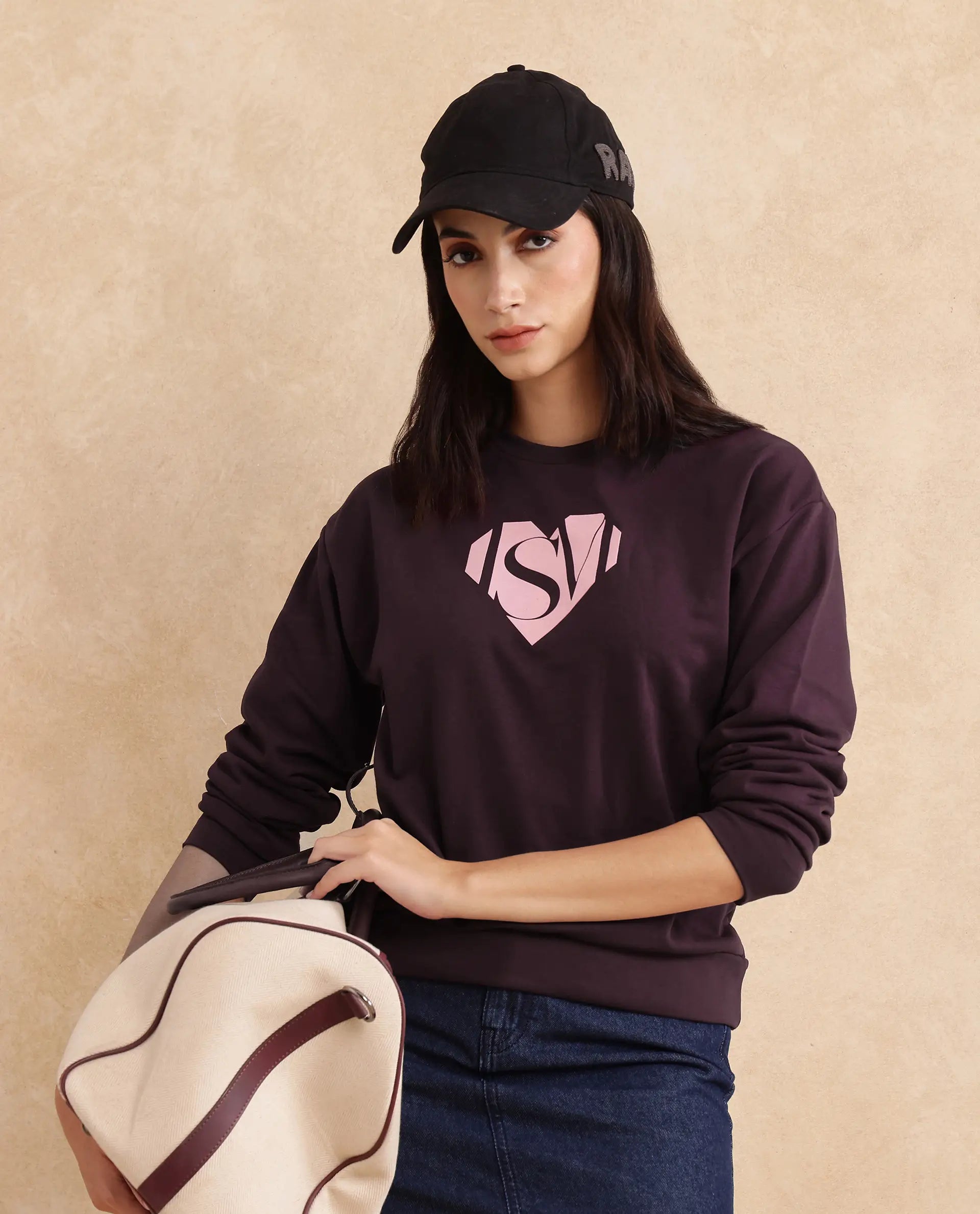 Rareism Women Mika Maroon Cotton Poly Fabric Full Sleeve Crew Neck Regular Fit Graphic Print Sweatshirt