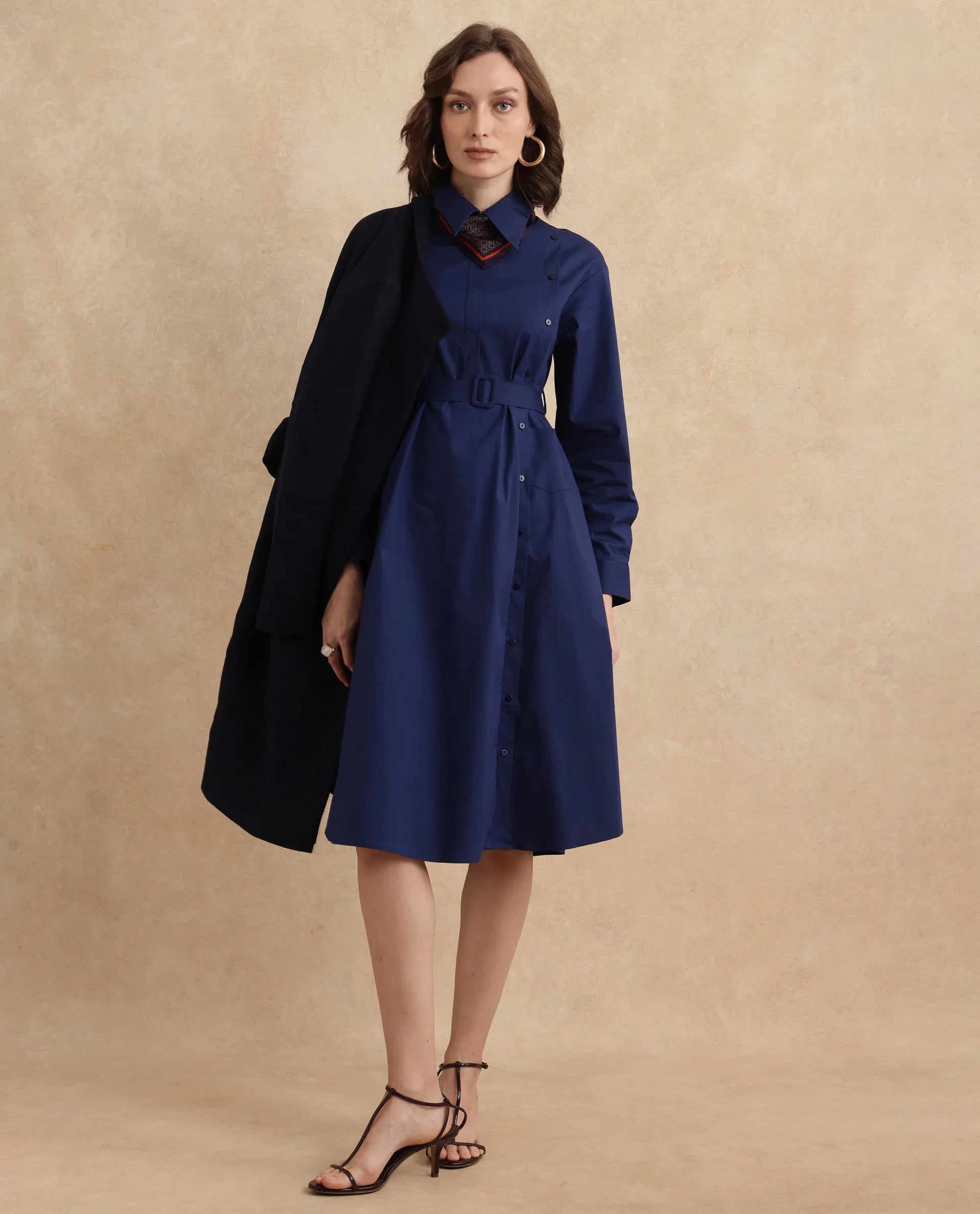 Rareism Women's Minifi Navy Collared Neck Button Closure Cuffed Sleeve Plain Flared Knee Length Dress