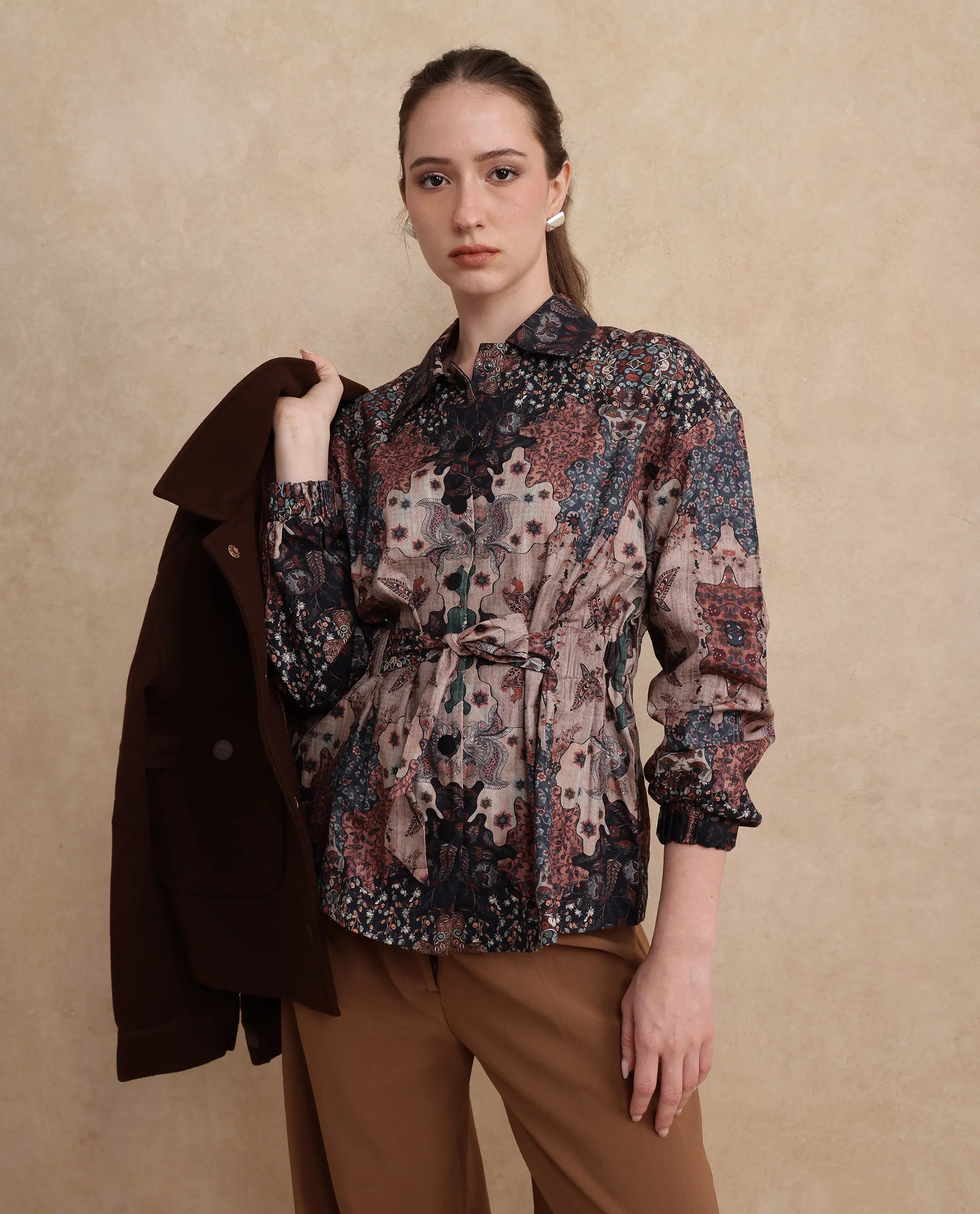 Rareism Women Rotika Dark Multi Cotton Viscose Fabric Regular Sleeve Collared Neck Button Closure Regular Fit Abstract Print Jacket