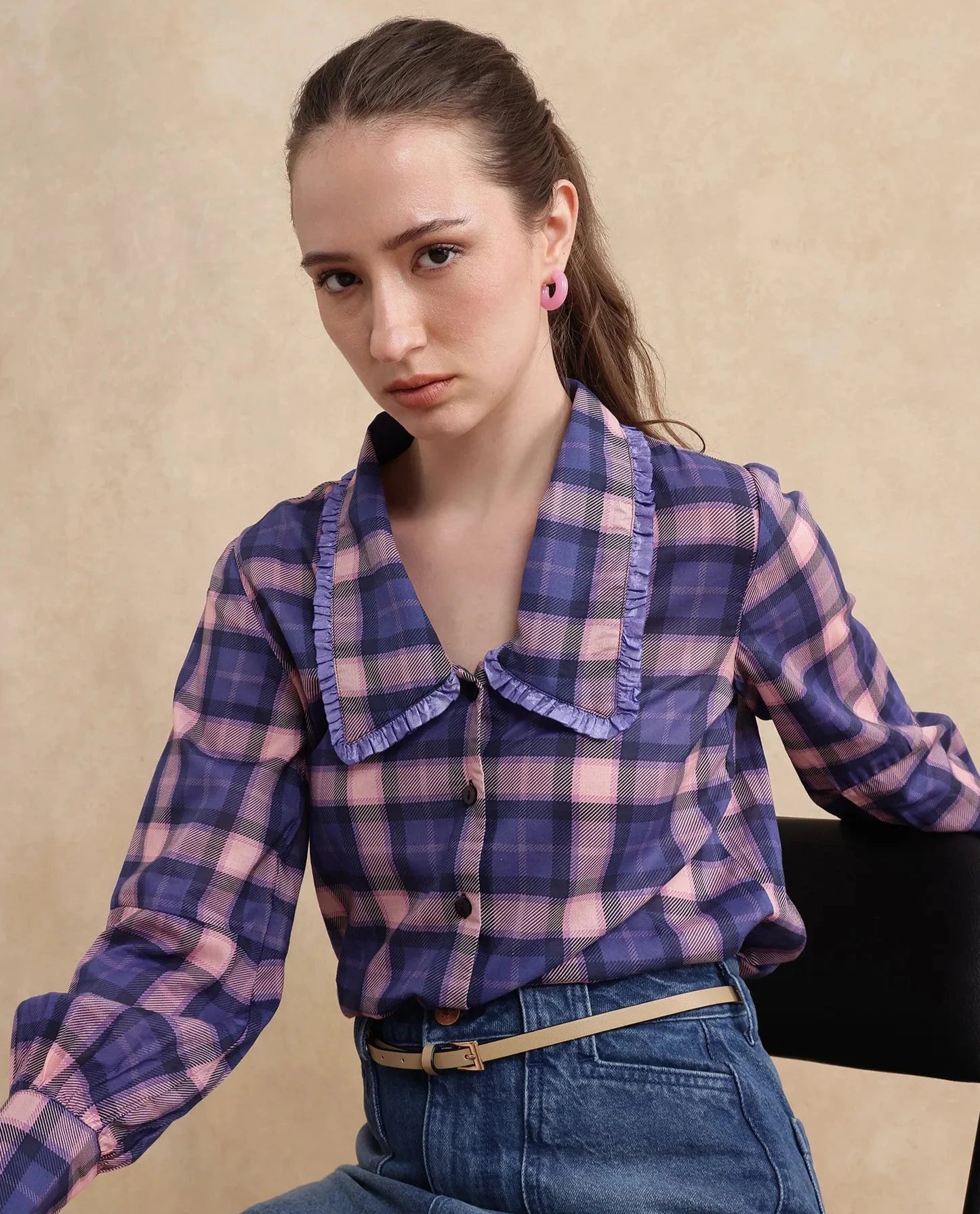 Rareism Women Shellbuto Purple Volume Sleeve Chelea Collar Relaxed Fit Flannel Print Top