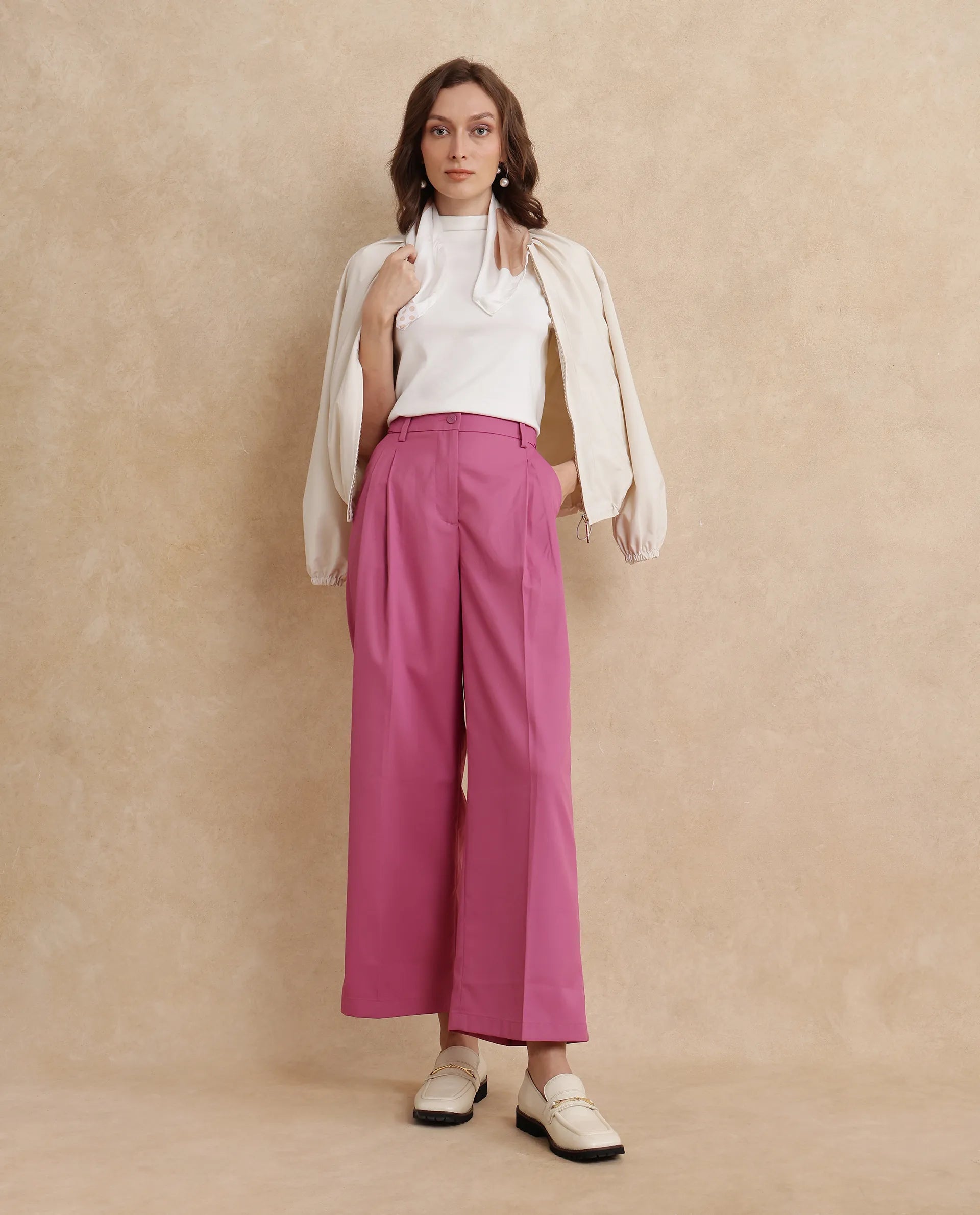 Rareism Women Simany Pink Button Closure Wide Fit Ankle Length Plain Trouser