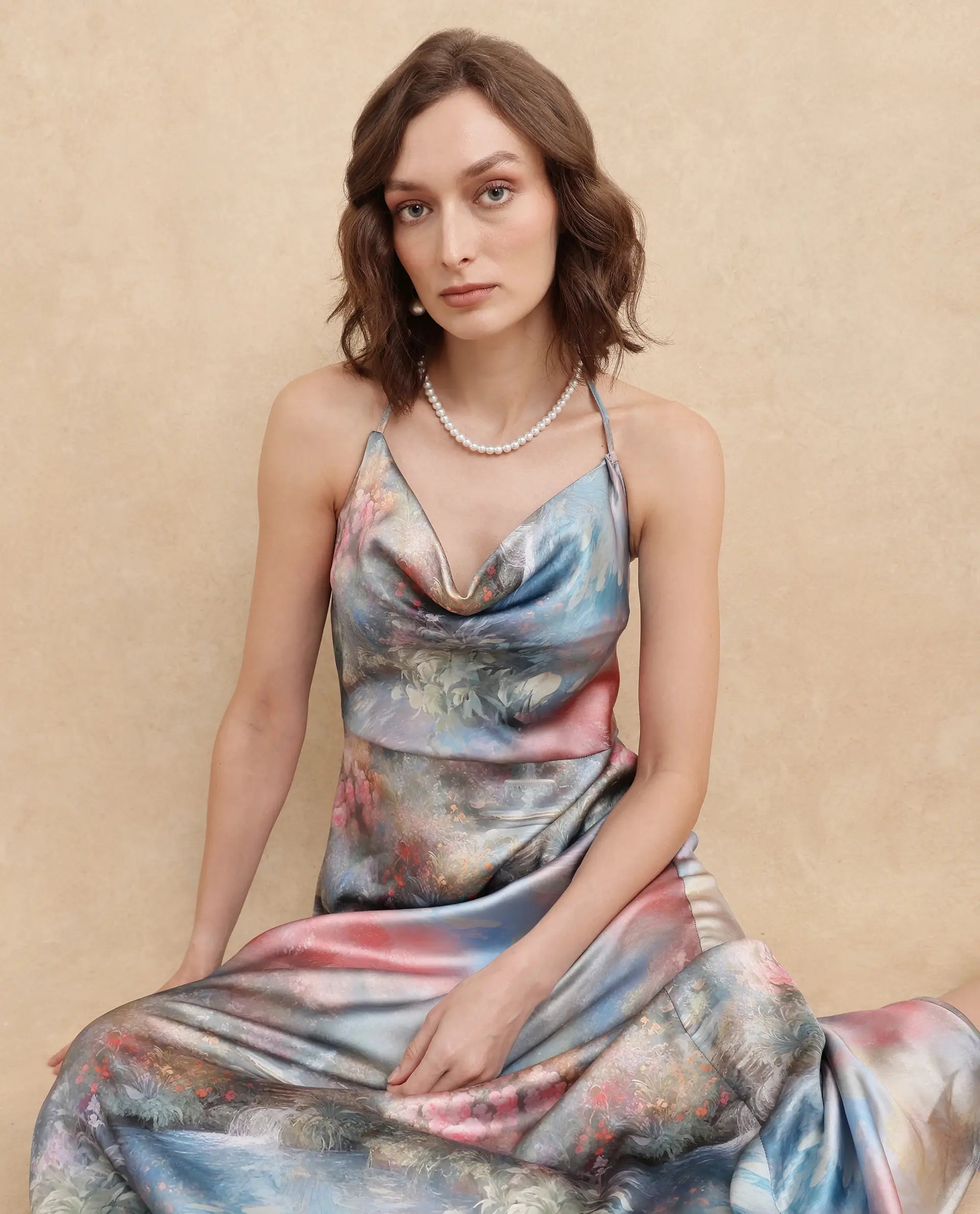 Rareism Women's Villeur Multi Satin Fabric Cowl Neck Tie-Up Closure Sleeveless Floral Print Flared Maxi Dress