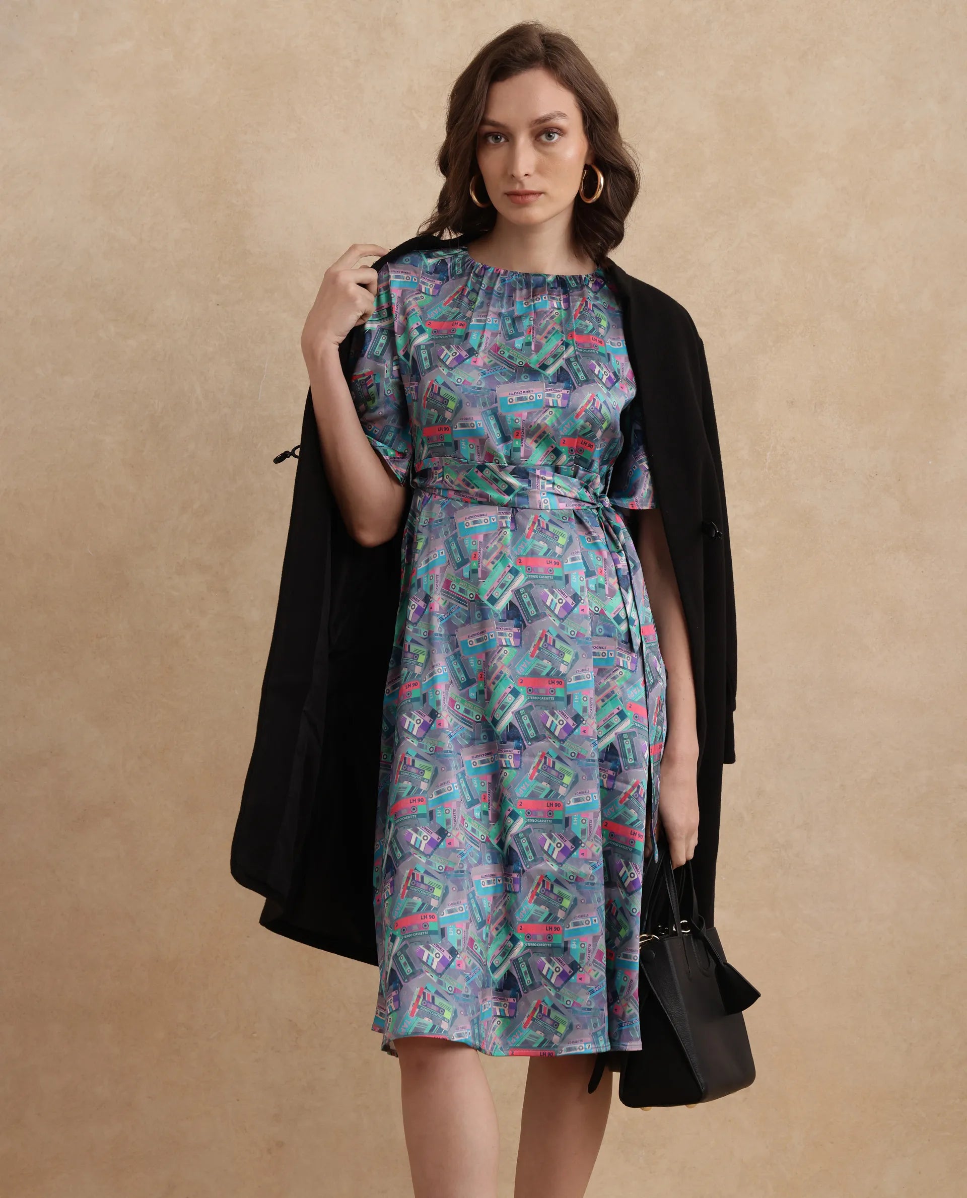 Rareism Women's Zived Multi Satin Fabric Round Neck Tie-Up Closure Ruffled Sleeve Object Print Fit And Flare Midi Dress