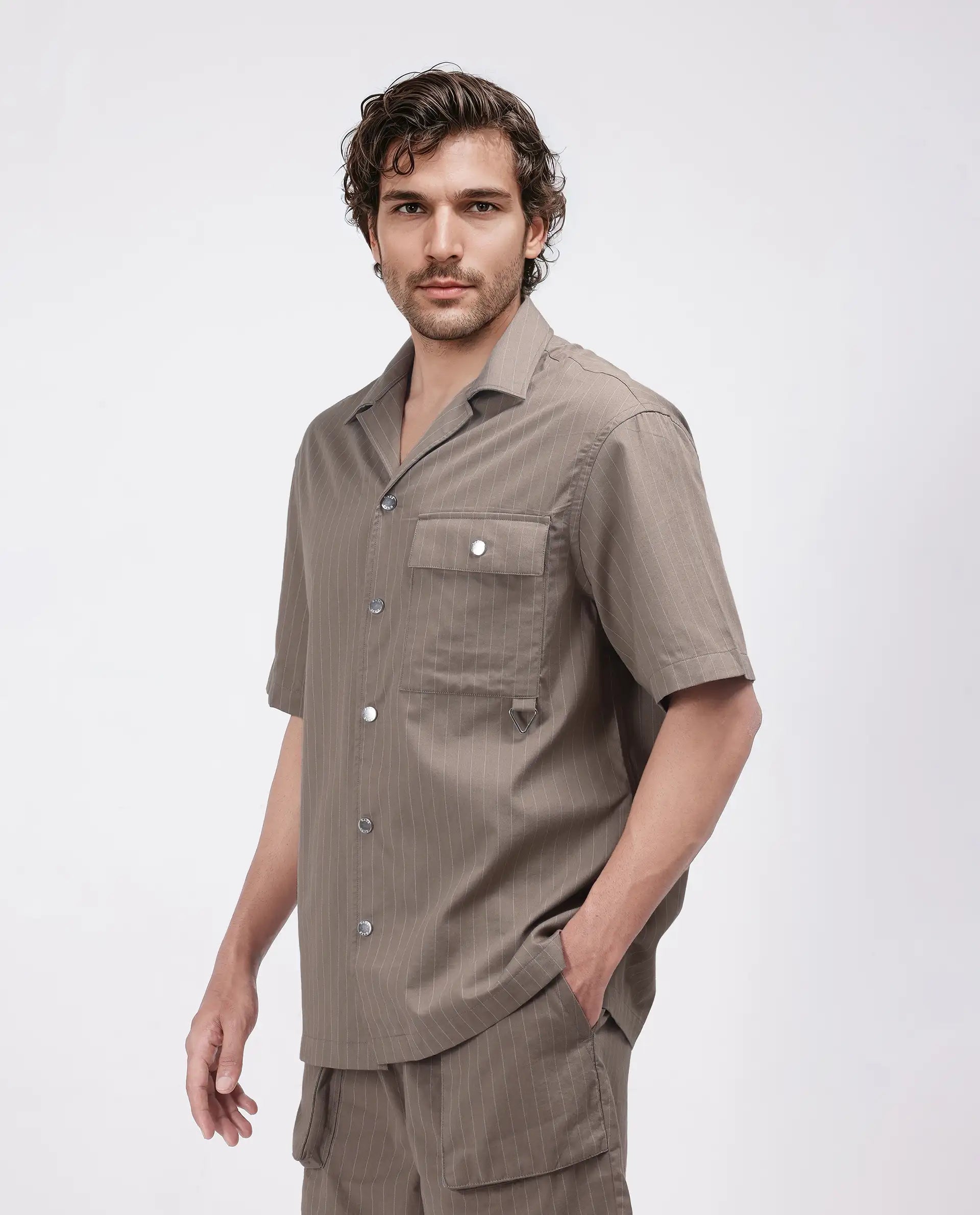 Rare Rabbit Men Haba Dusky Beige Cotton Poly Fabric Short Sleeve Cuban Collar Snap Button Closure Boxy Fit Stripe Shirt