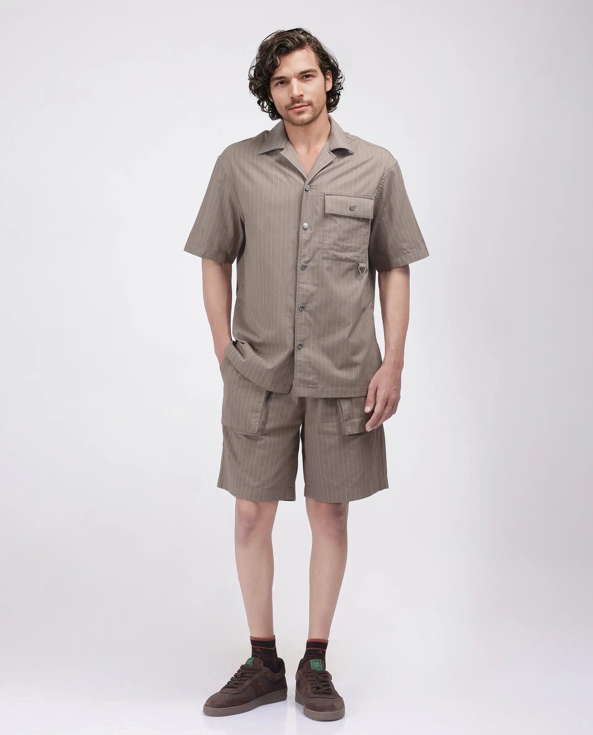 Rare Rabbit Men Haba Dusky Beige Cotton Poly Fabric Short Sleeve Cuban Collar Snap Button Closure Boxy Fit Stripe Shirt