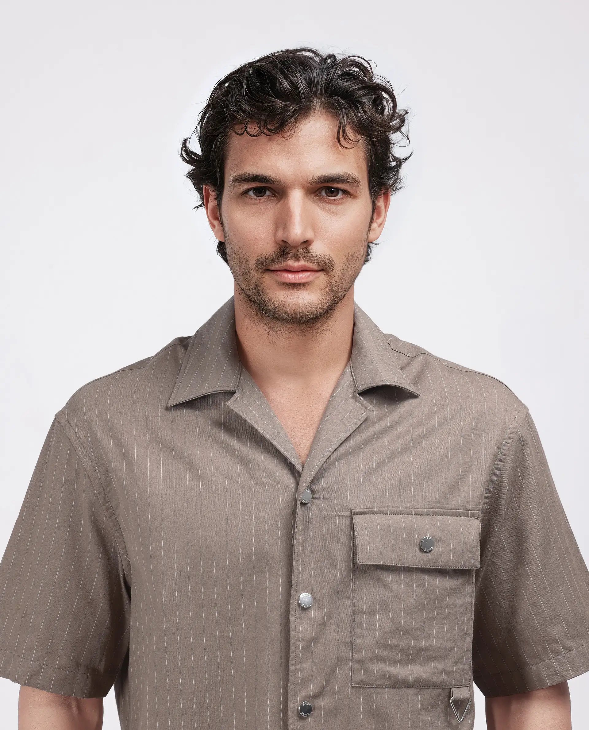 Rare Rabbit Men Haba Dusky Beige Cotton Poly Fabric Short Sleeve Cuban Collar Snap Button Closure Boxy Fit Stripe Shirt