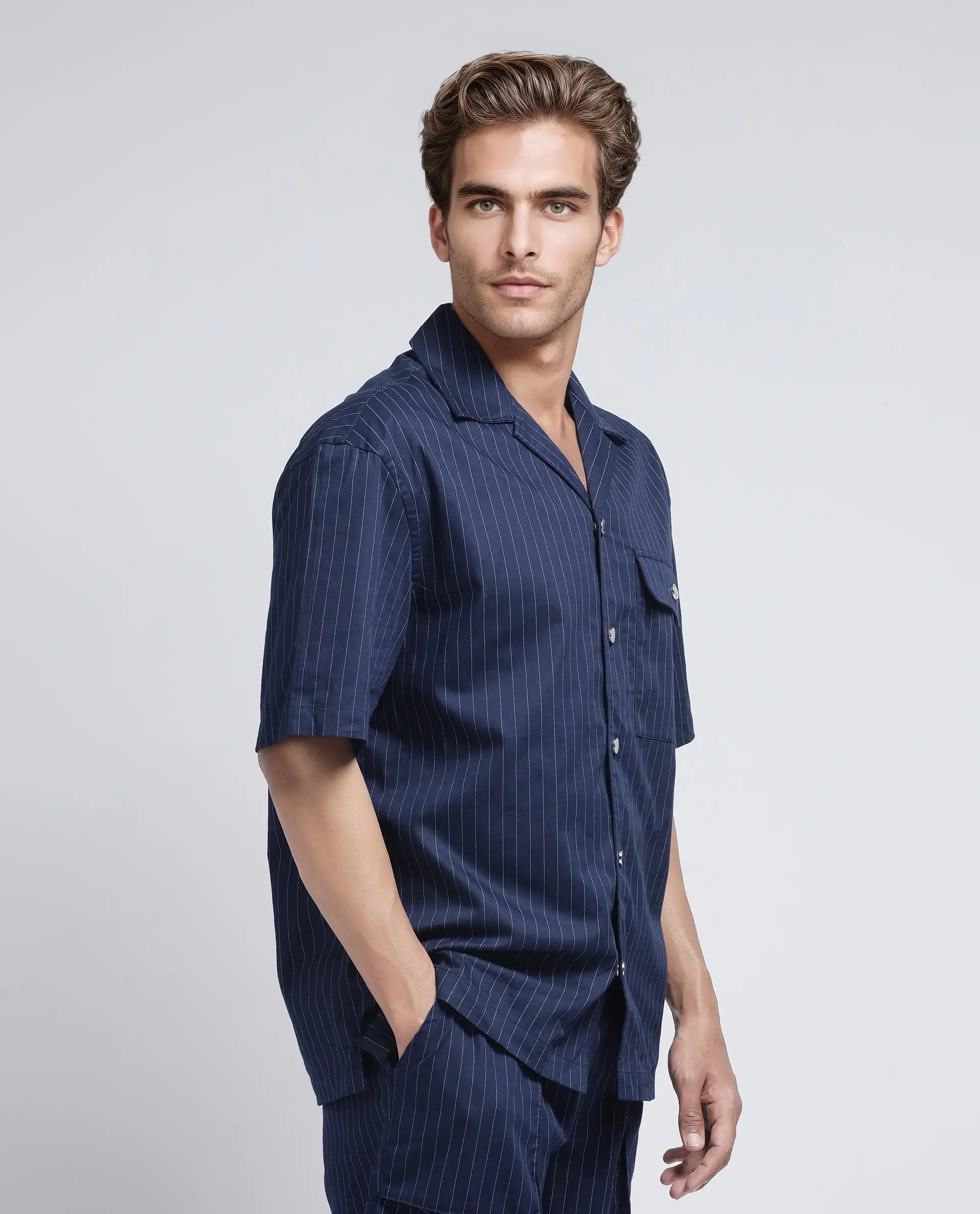 Rare Rabbit Men Haba Navy Cotton Poly Fabric Short Sleeve Cuban Collar Snap Button Closure Boxy Fit Stripe Shirt