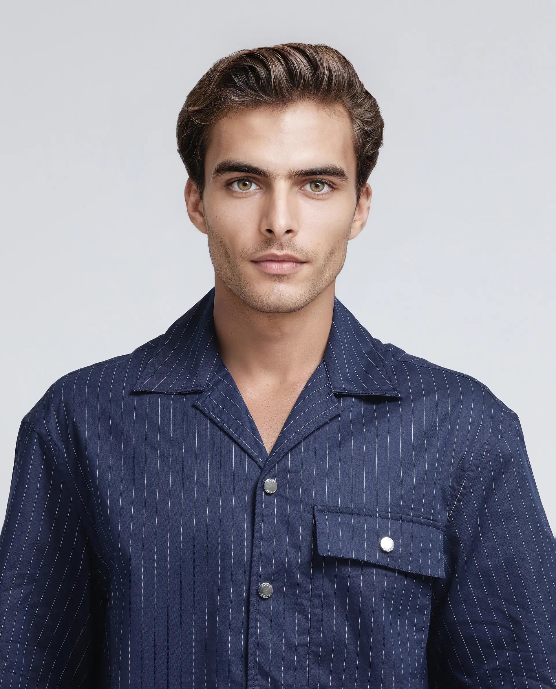 Rare Rabbit Men Haba Navy Cotton Poly Fabric Short Sleeve Cuban Collar Snap Button Closure Boxy Fit Stripe Shirt