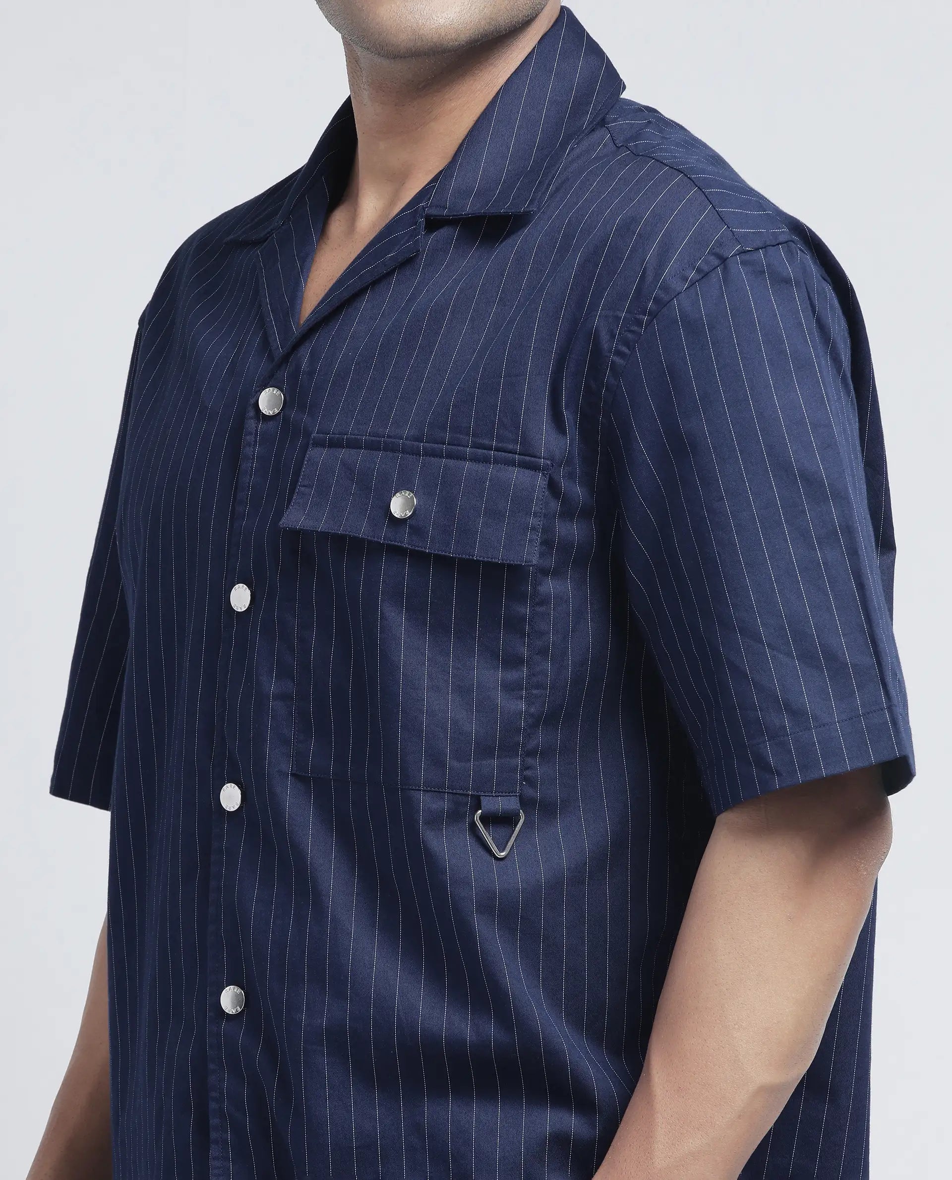 Rare Rabbit Men Haba Navy Cotton Poly Fabric Short Sleeve Cuban Collar Snap Button Closure Boxy Fit Stripe Shirt