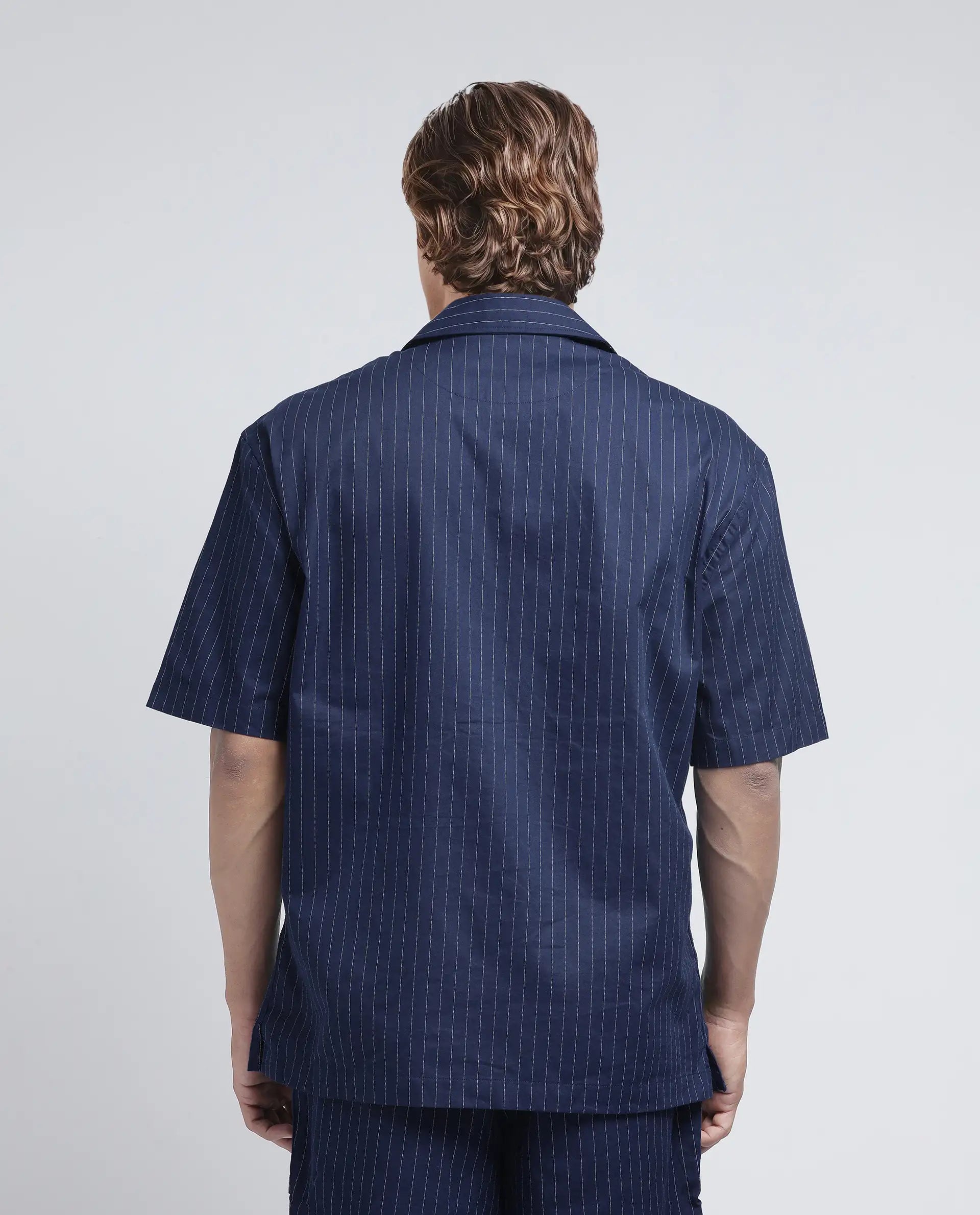 Rare Rabbit Men Haba Navy Cotton Poly Fabric Short Sleeve Cuban Collar Snap Button Closure Boxy Fit Stripe Shirt