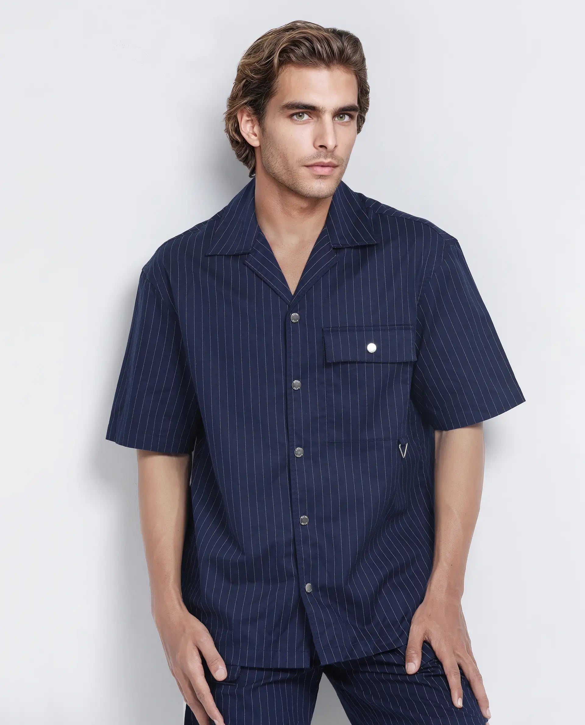 Rare Rabbit Men Haba Navy Cotton Poly Fabric Short Sleeve Cuban Collar Snap Button Closure Boxy Fit Stripe Shirt