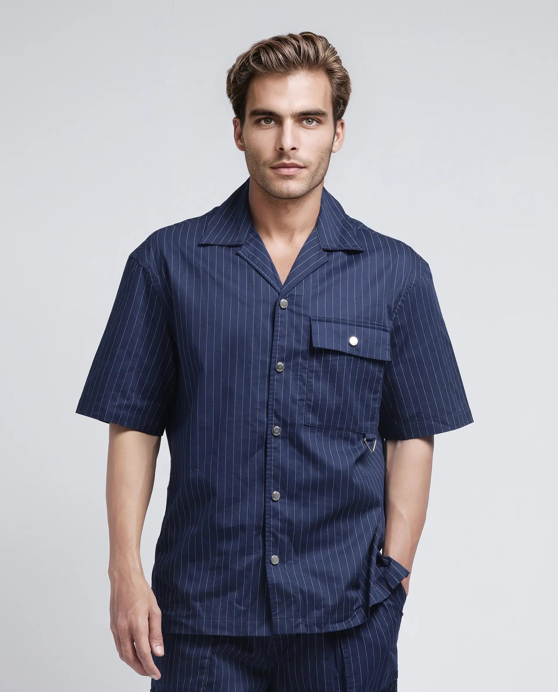 Rare Rabbit Men Haba Navy Cotton Poly Fabric Short Sleeve Cuban Collar Snap Button Closure Boxy Fit Stripe Shirt