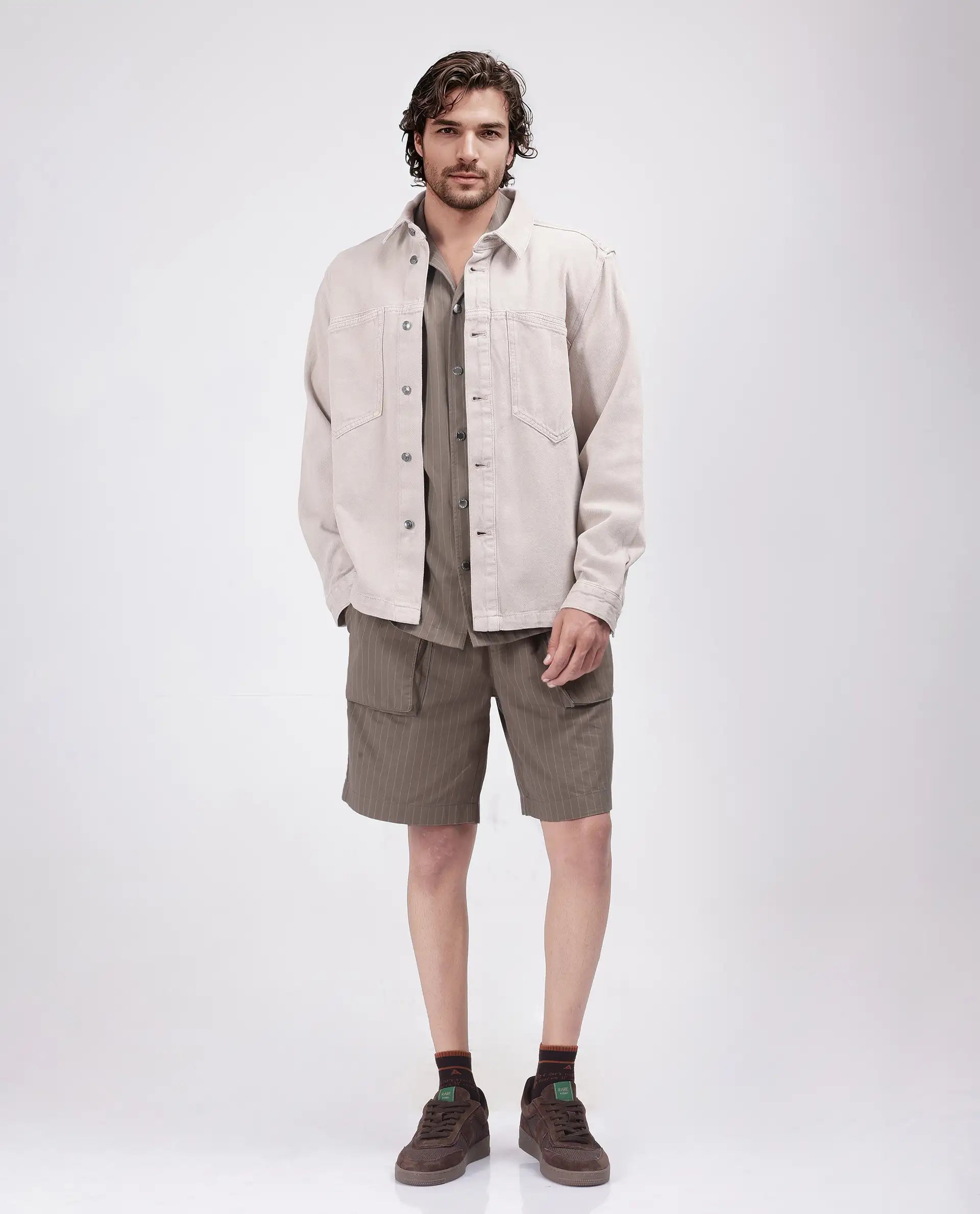 Rare Rabbit Men Habar Beige Cotton Elastane Fabric Oversized Striped Shorts