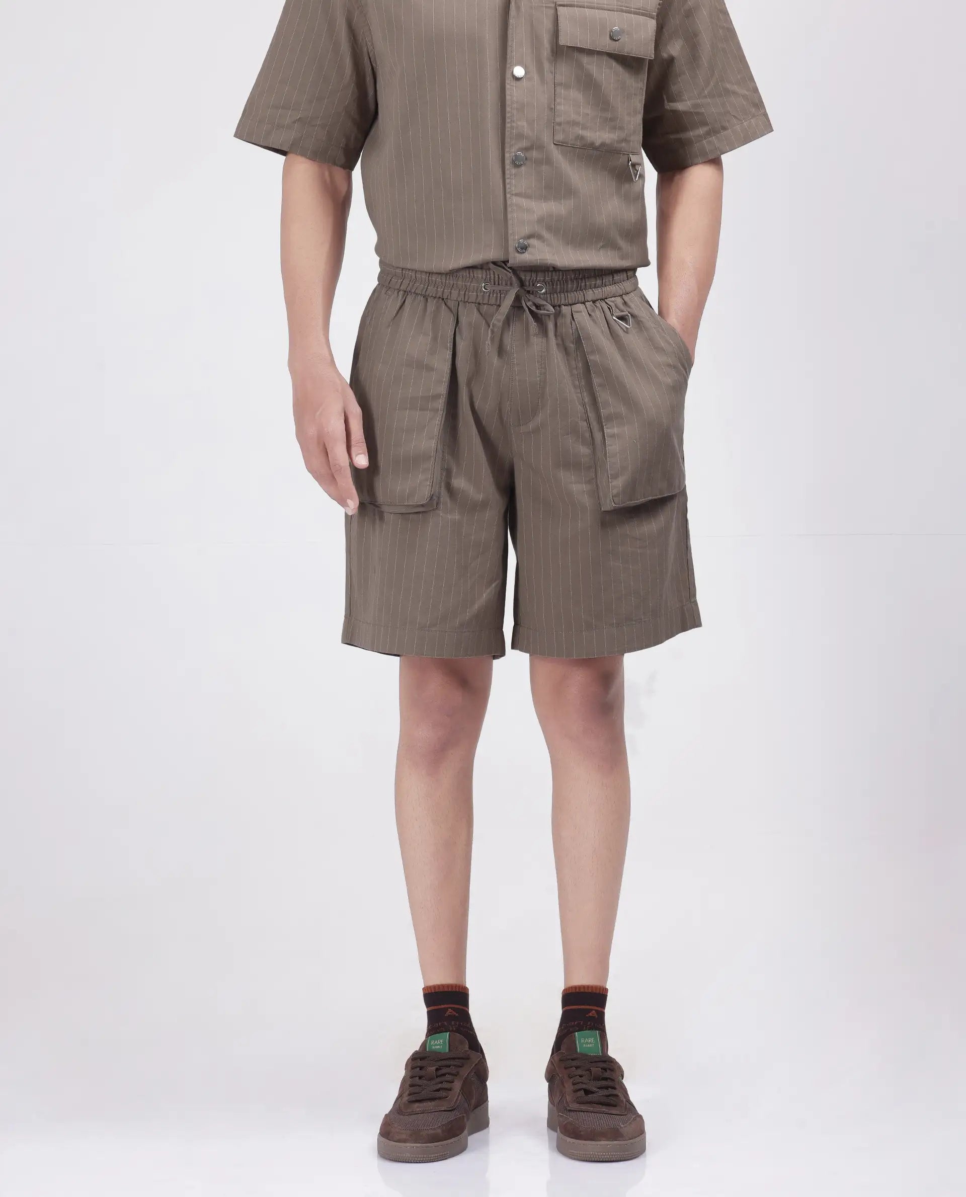 Rare Rabbit Men Habar Beige Cotton Elastane Fabric Oversized Striped Shorts