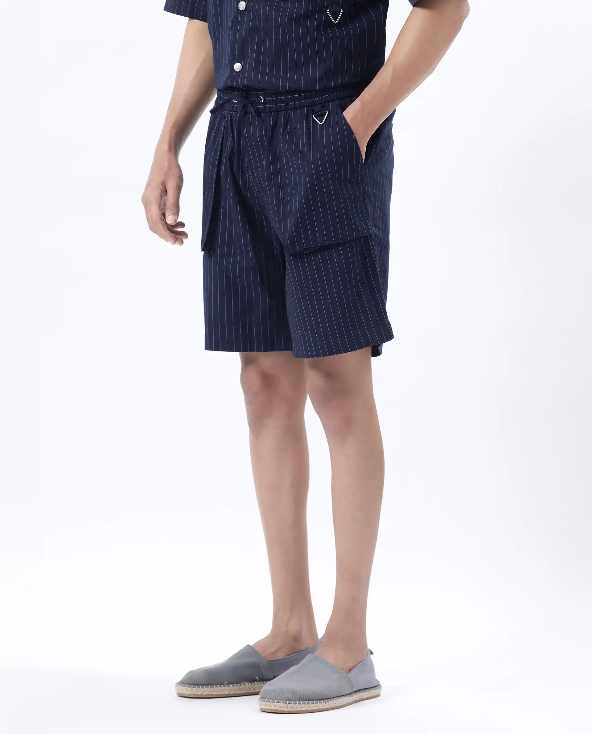Rare Rabbit Men's Habar Navy Cotton Blend Striped Print Oversized Fit Shorts