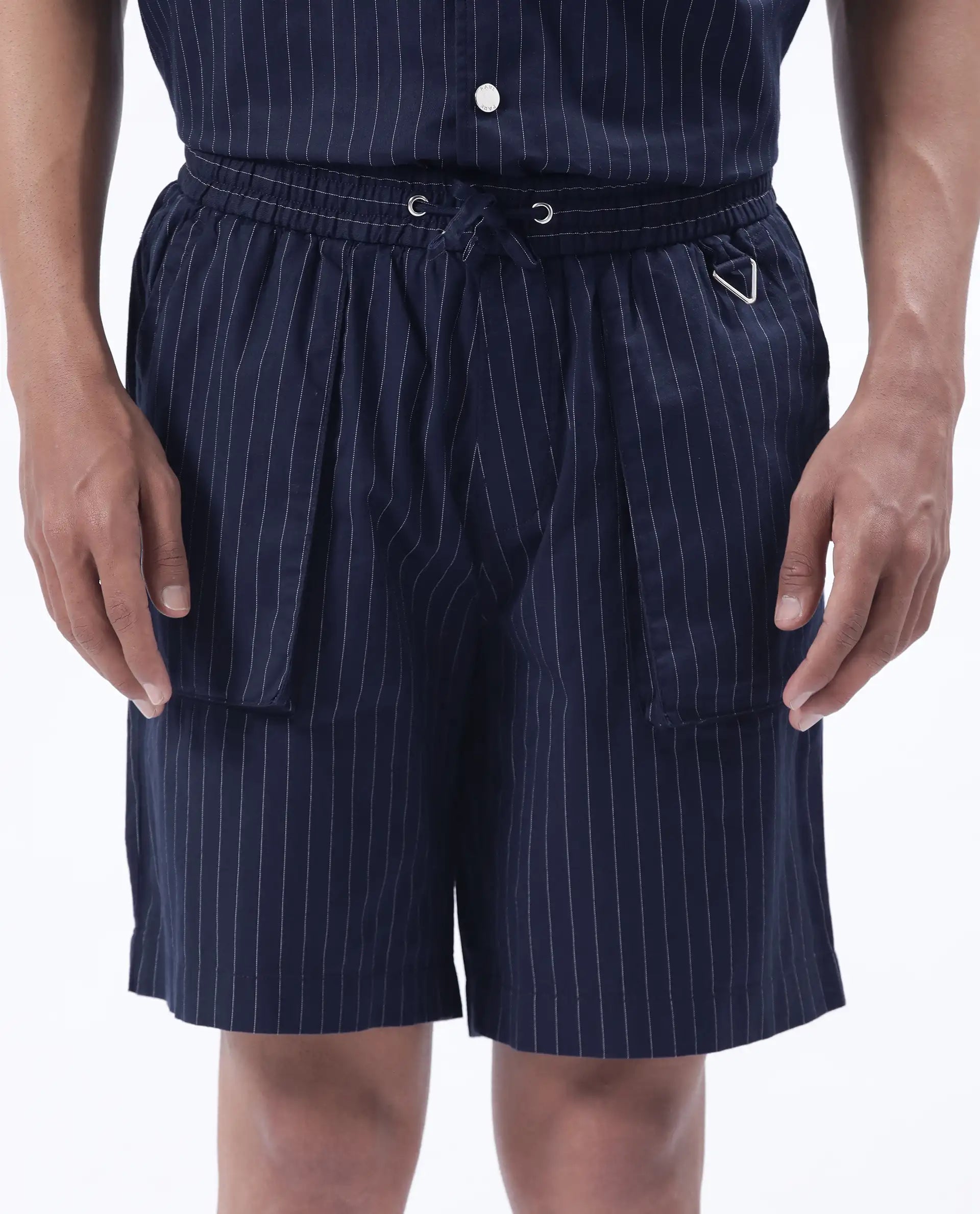 Rare Rabbit Men's Habar Navy Cotton Blend Striped Print Oversized Fit Shorts