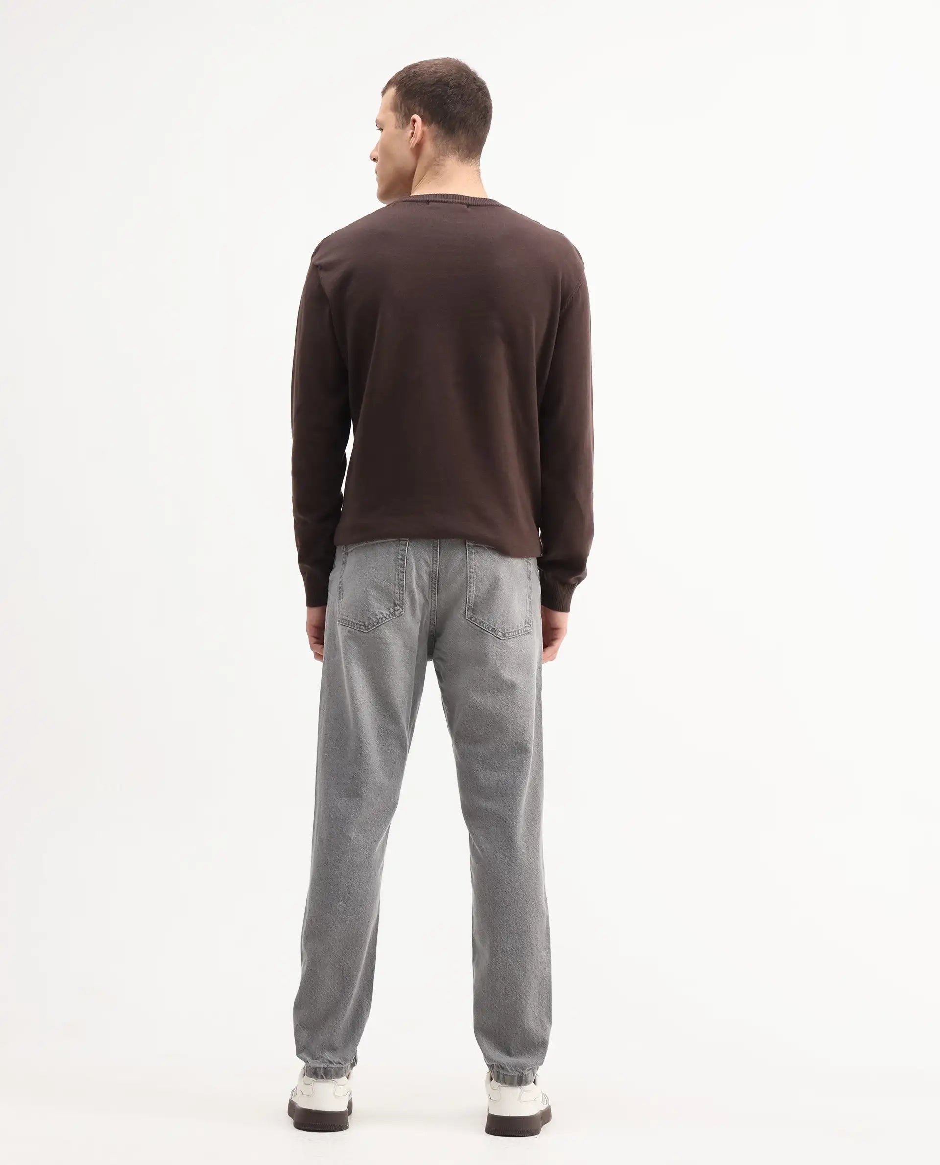 Rare Rabbit Mens Hades Grey Solid Mid Rise Mid Wash Regular Fit Jeans