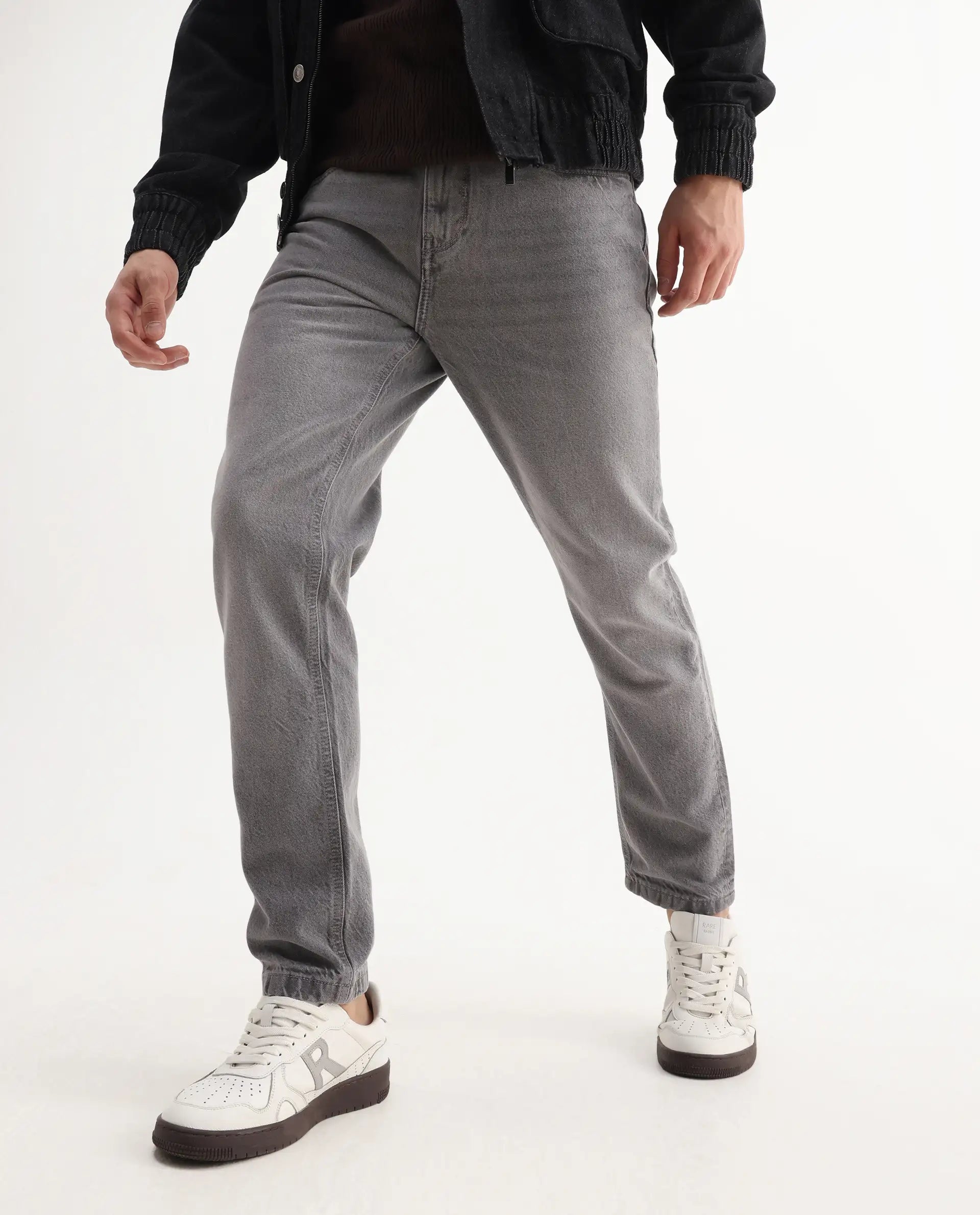 Rare Rabbit Mens Hades Grey Solid Mid Rise Mid Wash Regular Fit Jeans