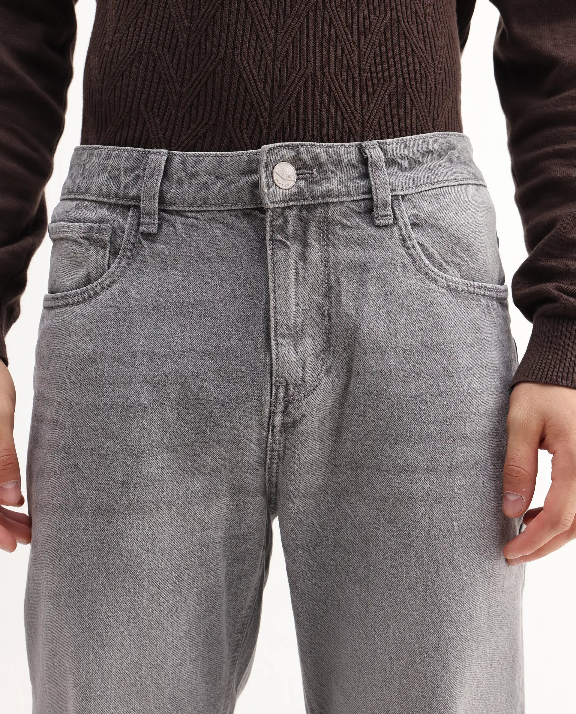 Rare Rabbit Mens Hades Grey Solid Mid Rise Mid Wash Regular Fit Jeans