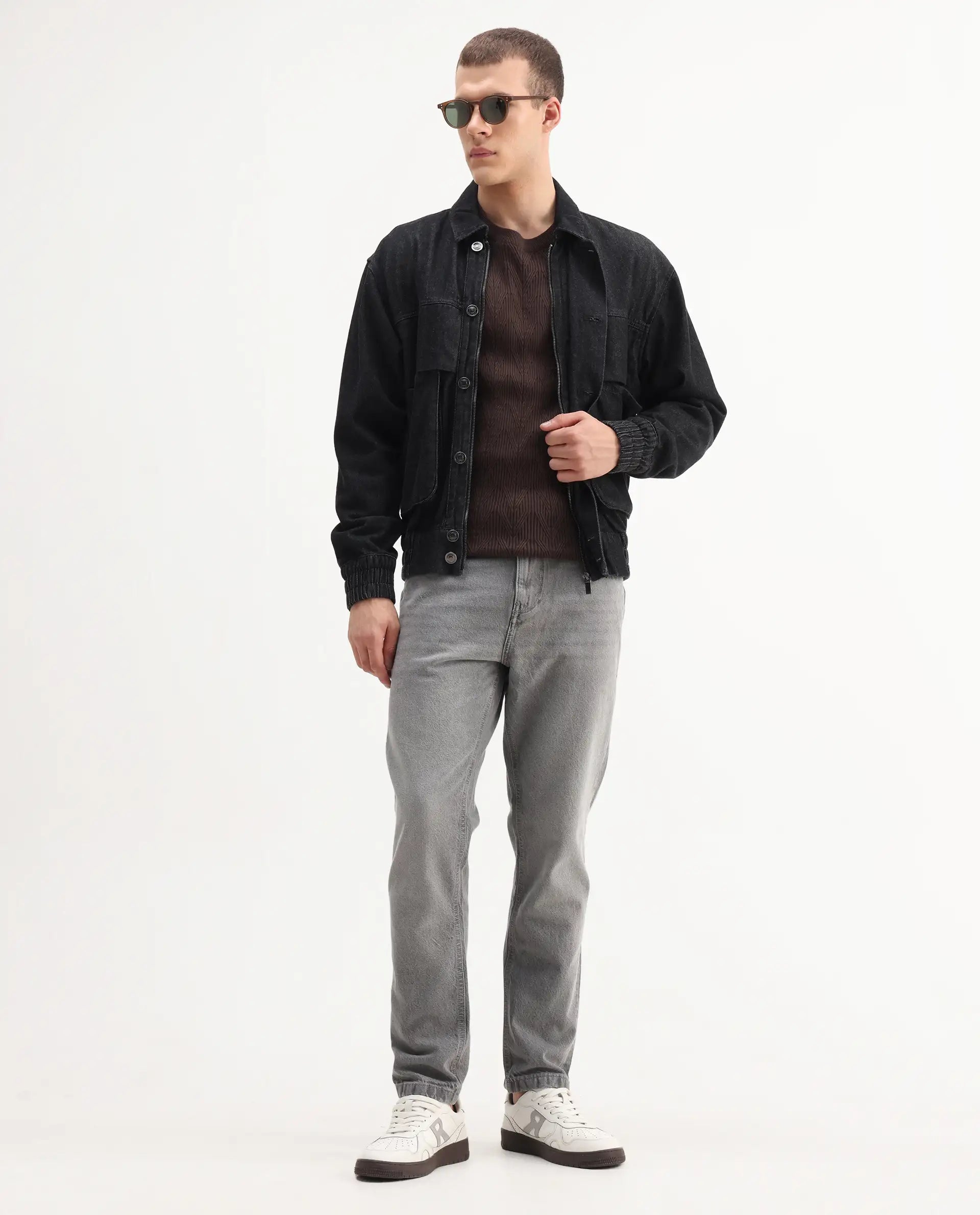 Rare Rabbit Mens Hades Grey Solid Mid Rise Mid Wash Regular Fit Jeans