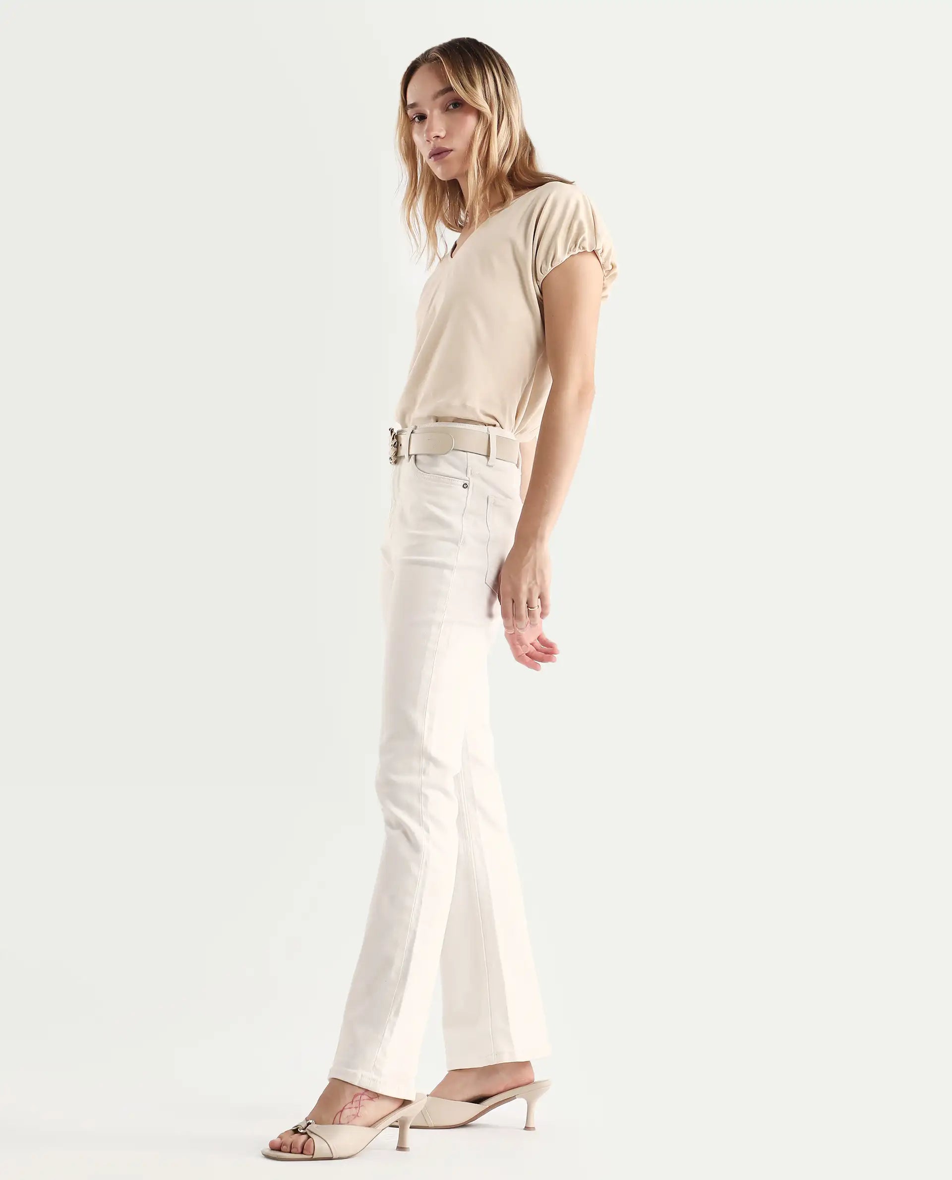 Rareism Women's Hadley White Cotton Blend Plain Ankle Length Iconic Bootcut Jeans