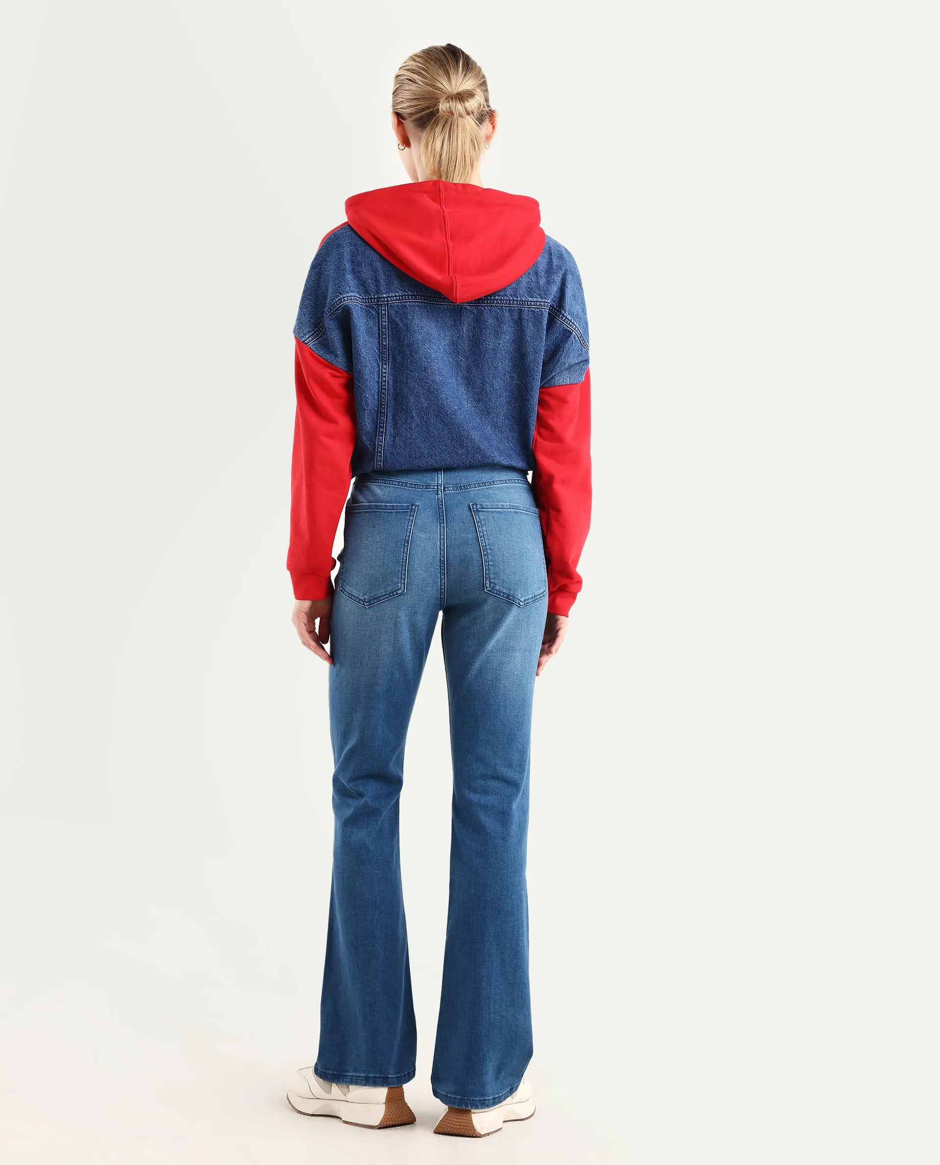 Rareism Women's Hadley Light Blue Cotton Blend Plain Ankle Length Bootcut Jeans