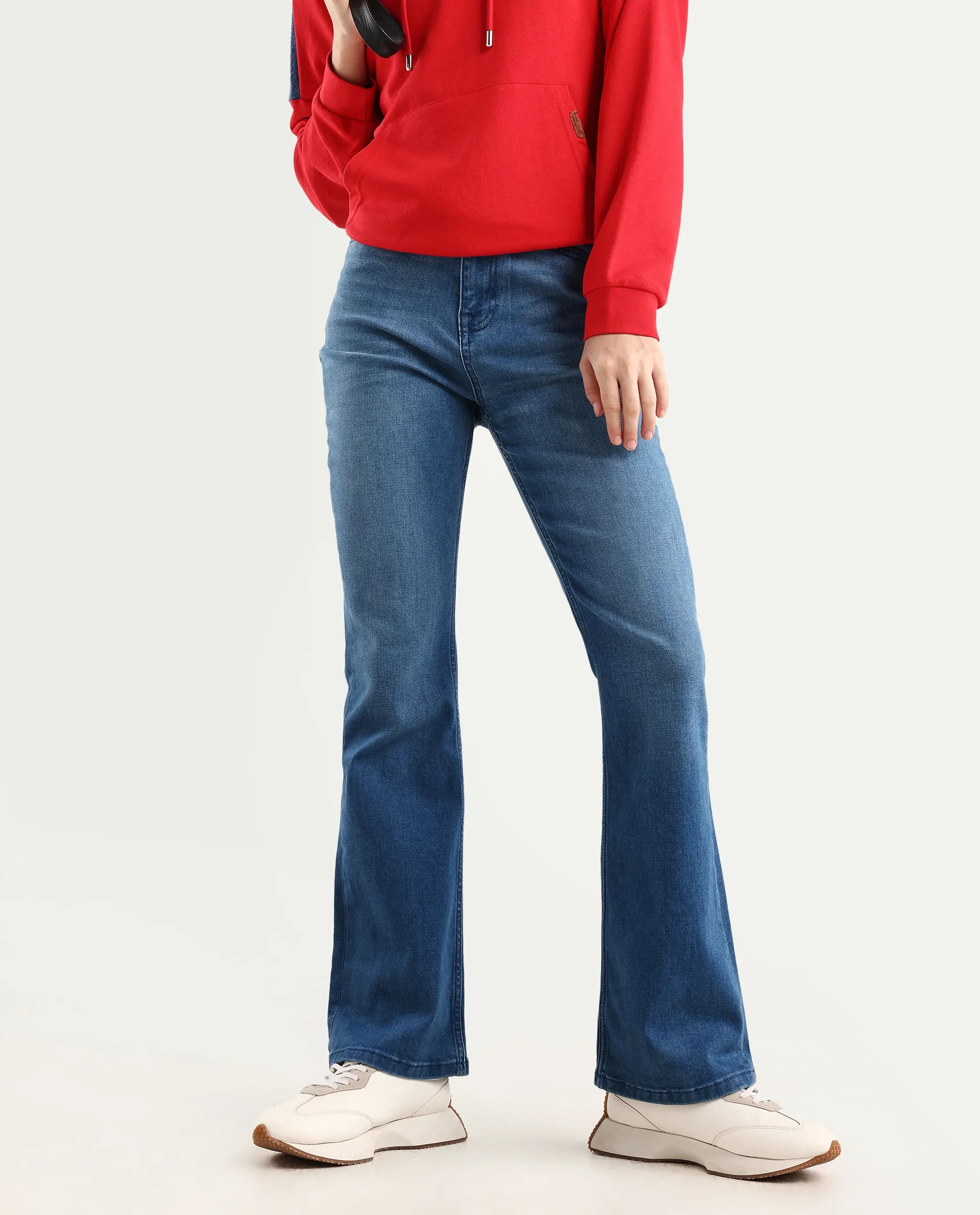 Rareism Women's Hadley Light Blue Cotton Blend Plain Ankle Length Bootcut Jeans