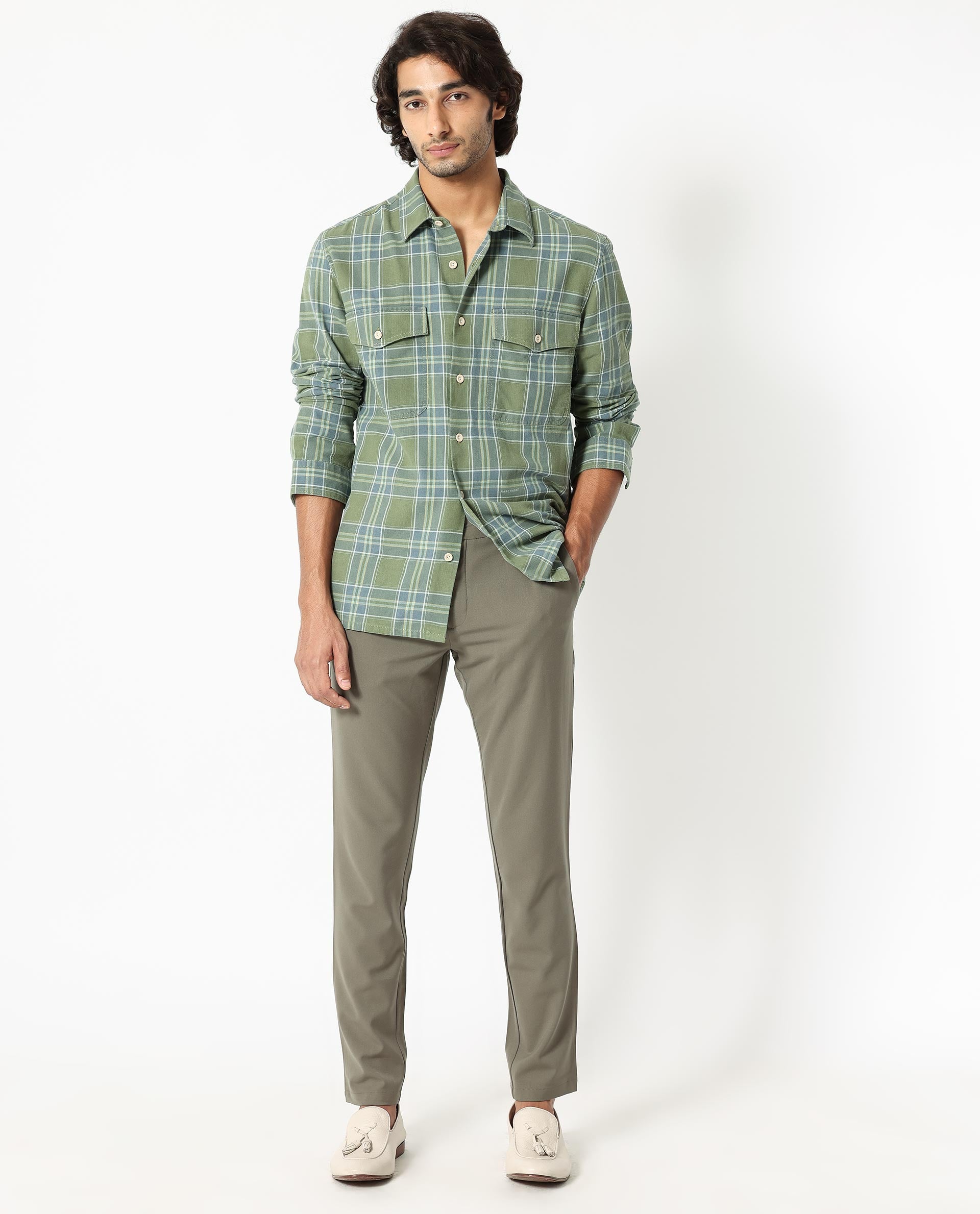 Rare Rabbit Men's Hadsten Green Cotton Fabric Full Sleeves Checks Shirt