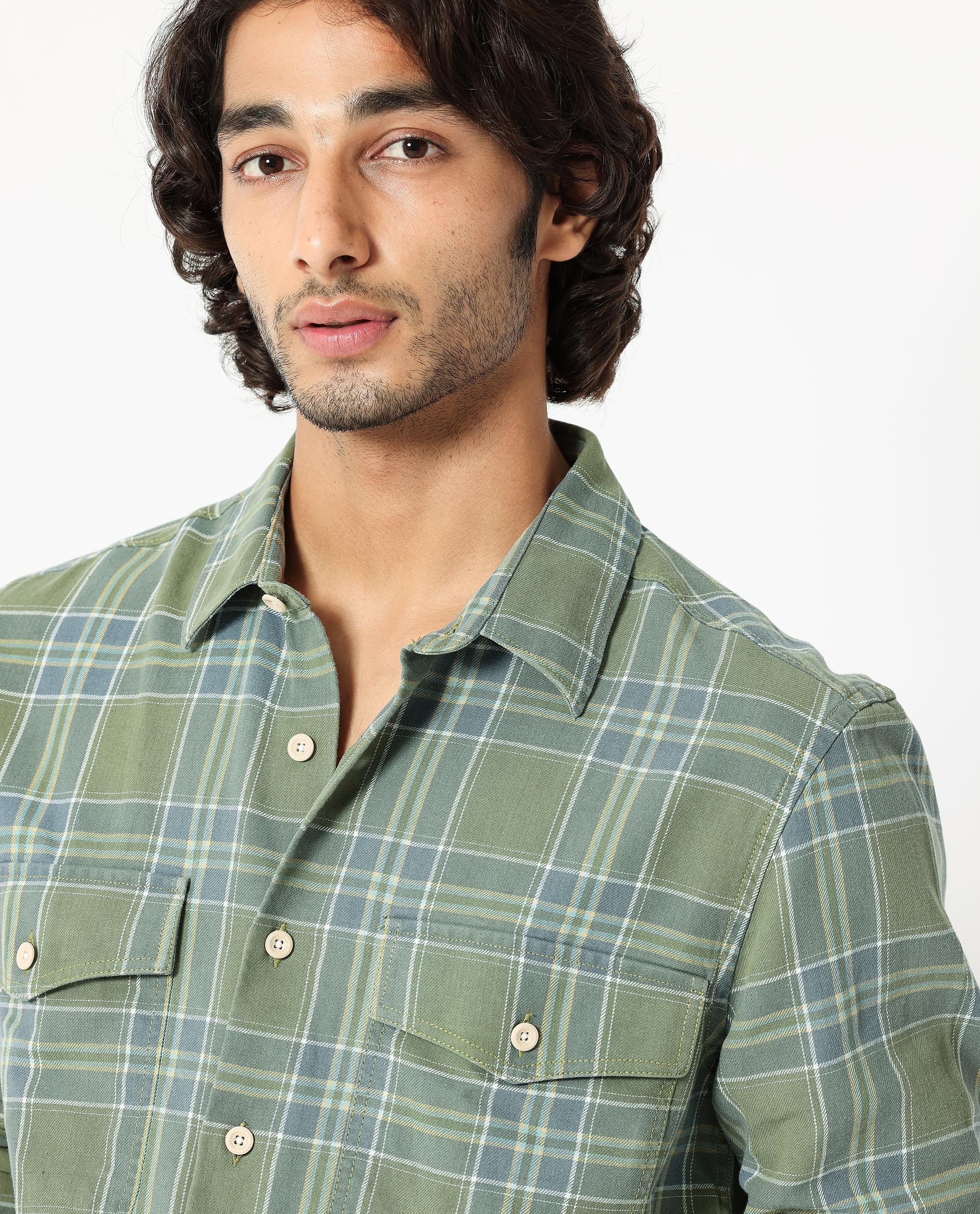 Rare Rabbit Men's Hadsten Green Cotton Fabric Full Sleeves Checks Shirt