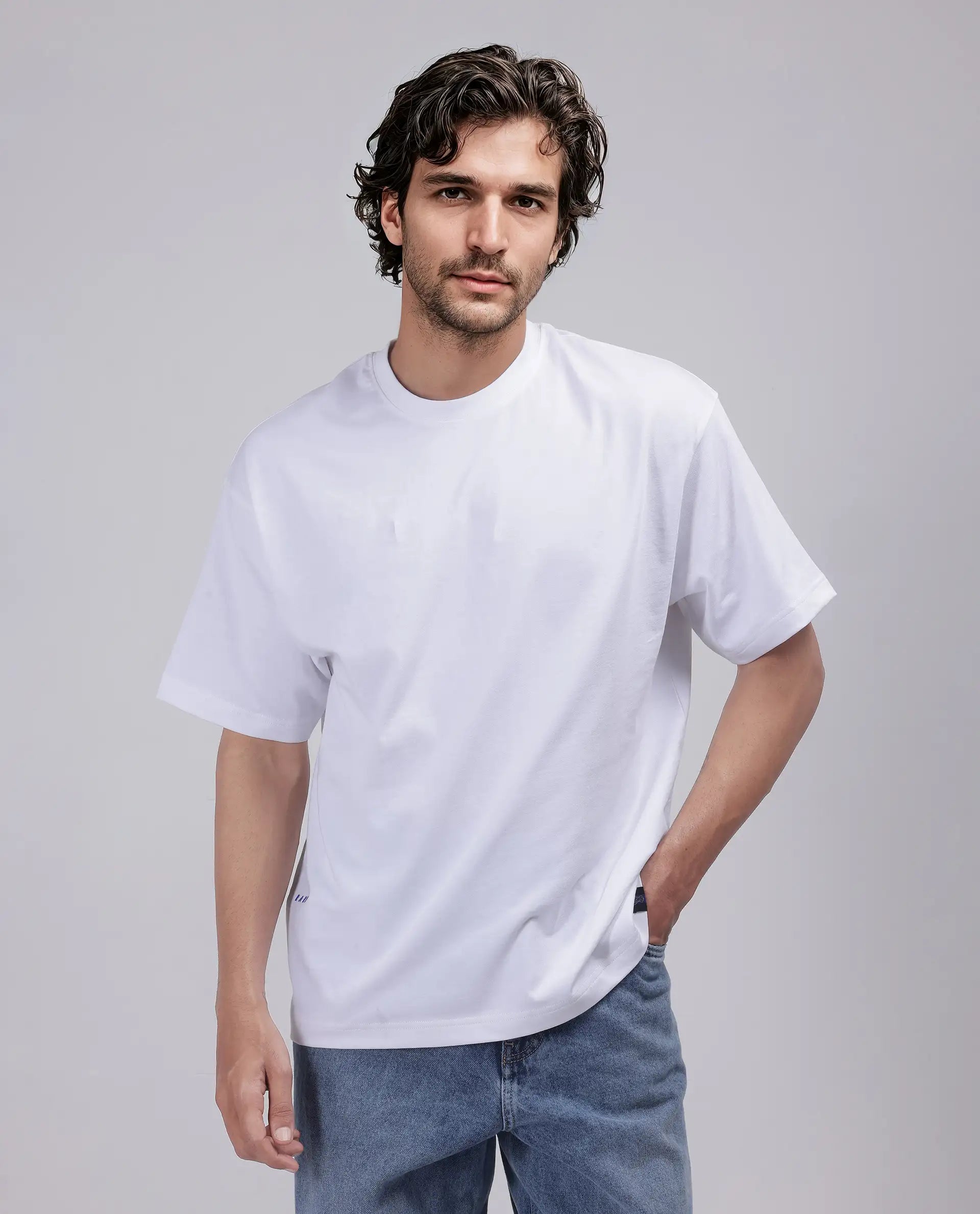 Rare Rabbit Men Haf White Cotton Fabric Short Sleeve Crew Neck Oversized Fit Graphic Paisley Print T-Shirt