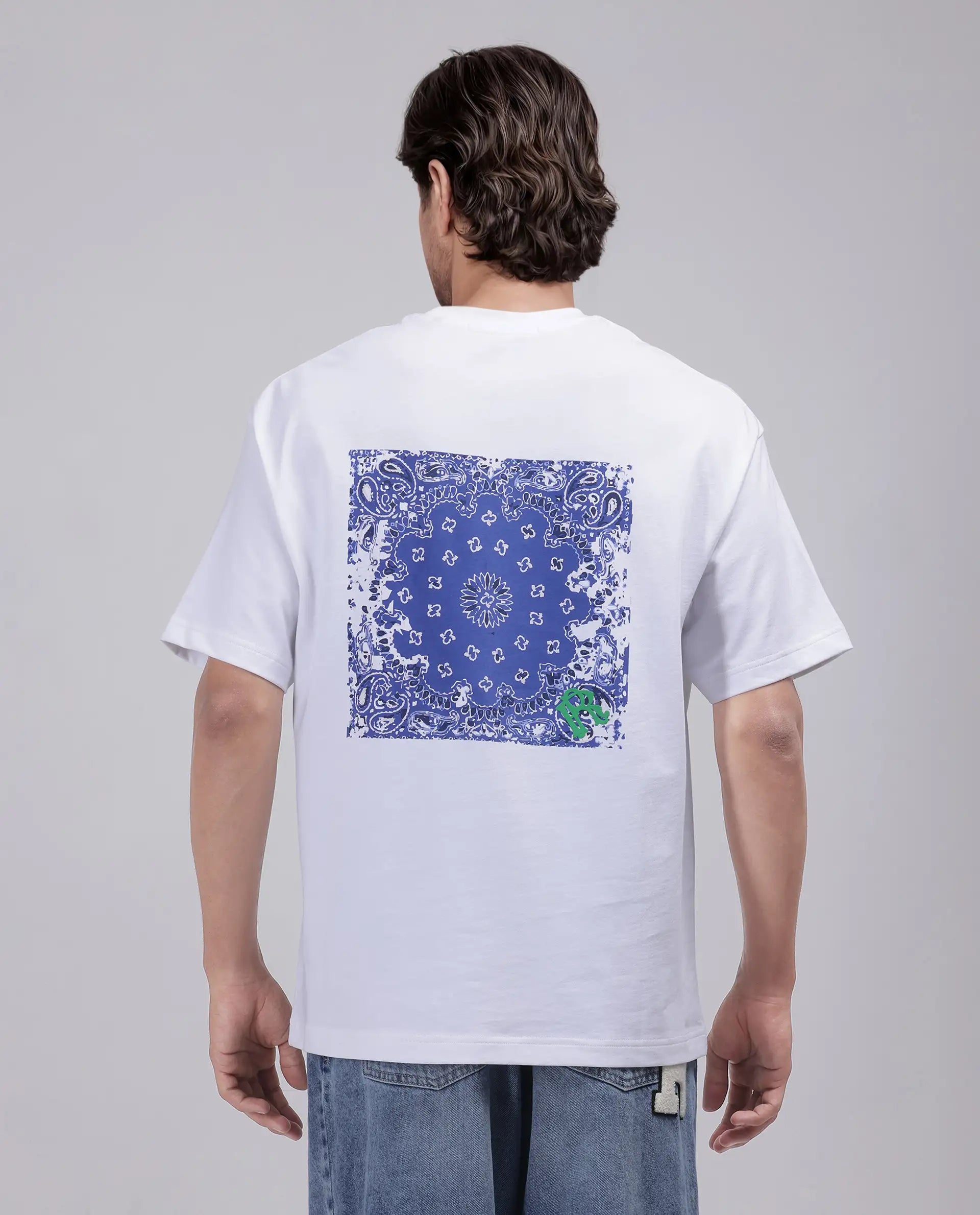 Rare Rabbit Men Haf White Cotton Fabric Short Sleeve Crew Neck Oversized Fit Graphic Paisley Print T-Shirt