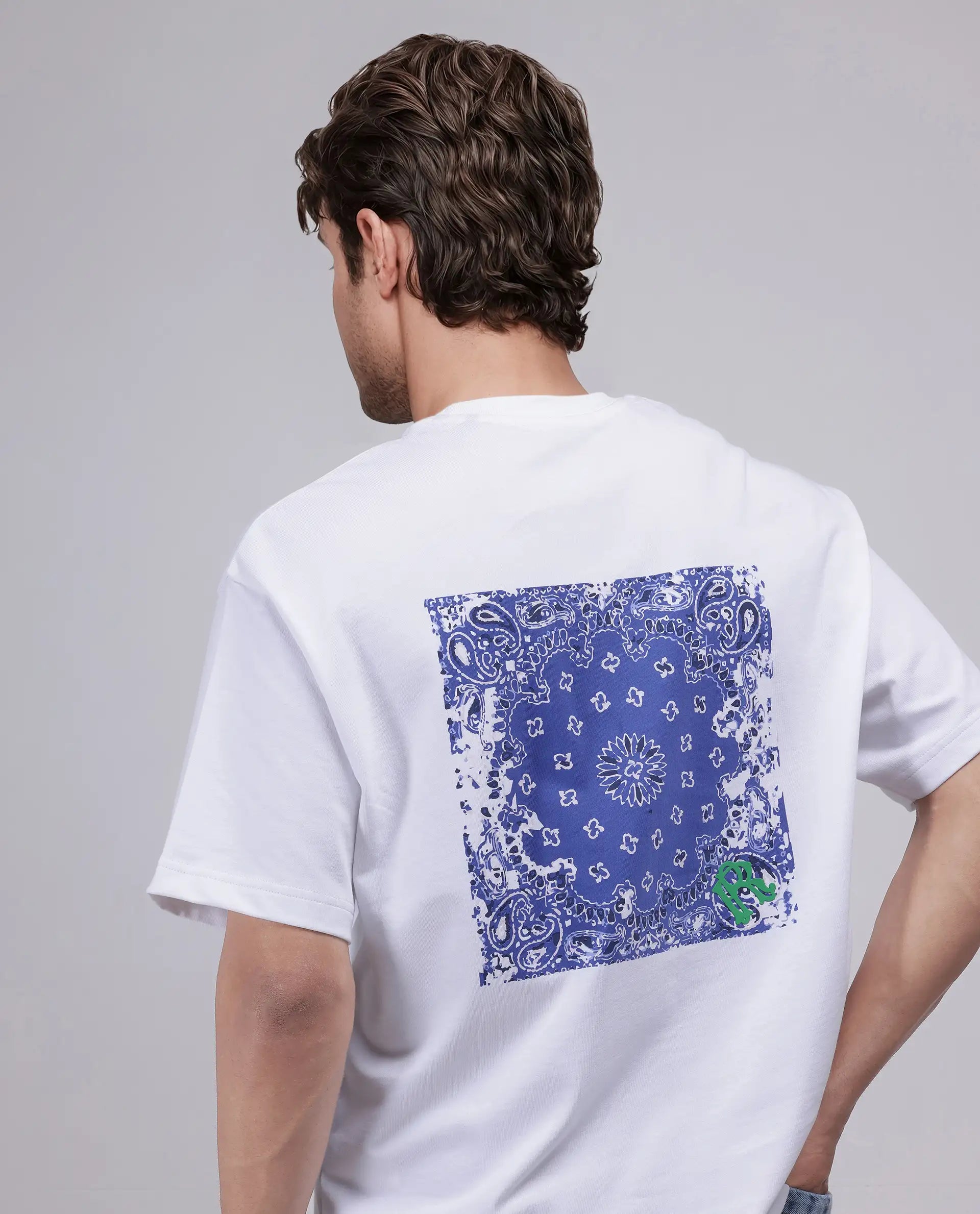 Rare Rabbit Men Haf White Cotton Fabric Short Sleeve Crew Neck Oversized Fit Graphic Paisley Print T-Shirt