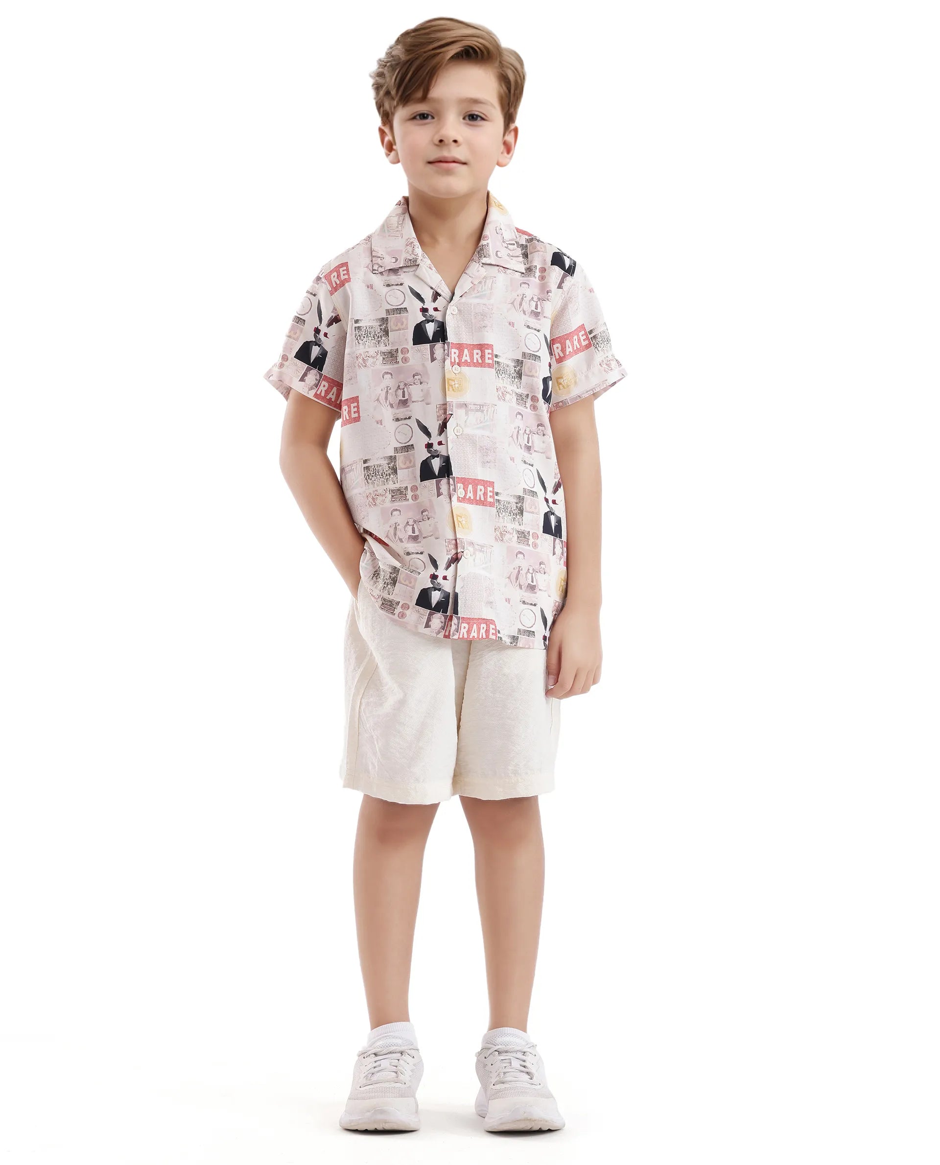 Rare Ones Kids Hage Beige Viscose Half Sleeve Cuban Collar Printed Shirt
