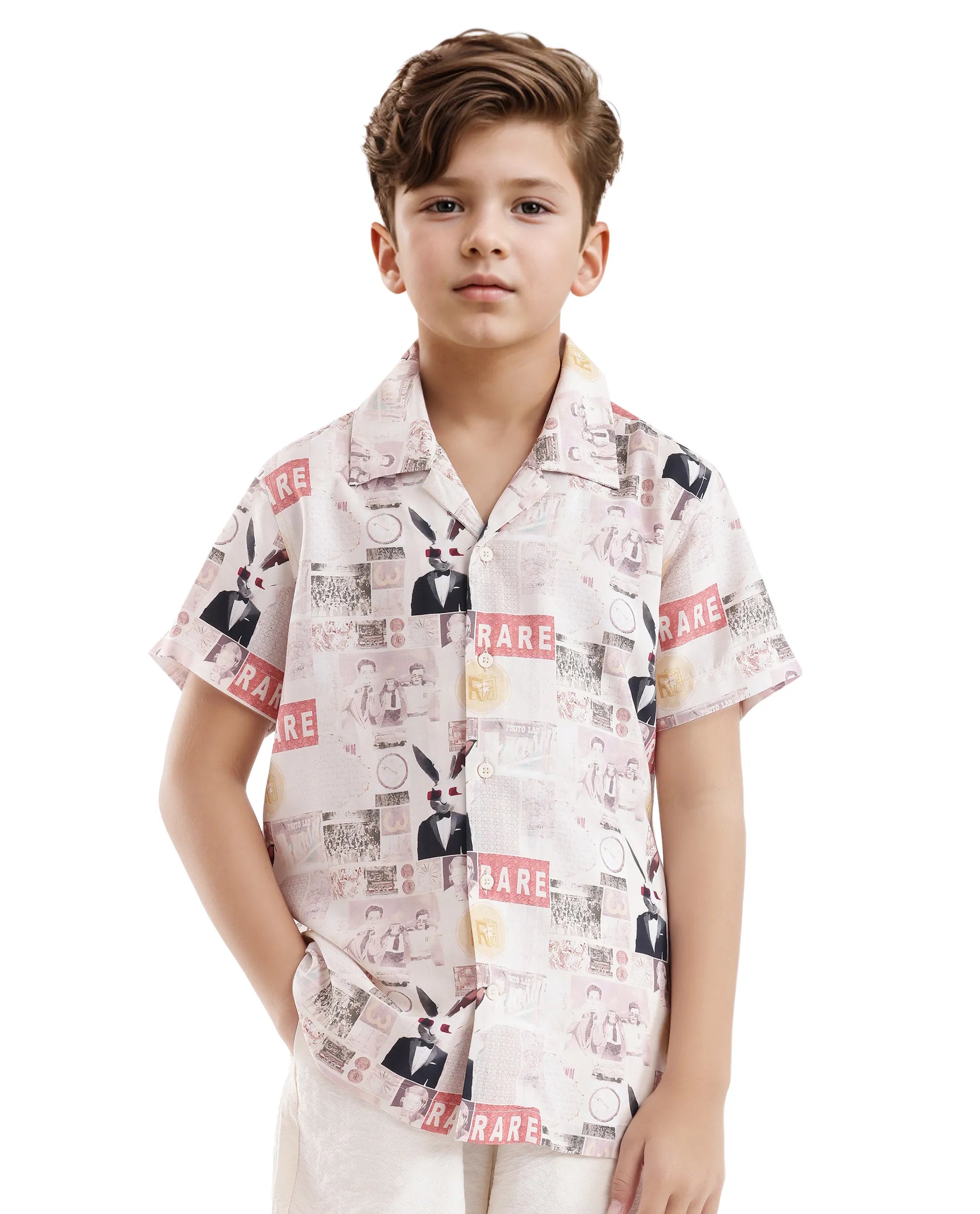 Rare Ones Kids Hage Beige Viscose Half Sleeve Cuban Collar Printed Shirt