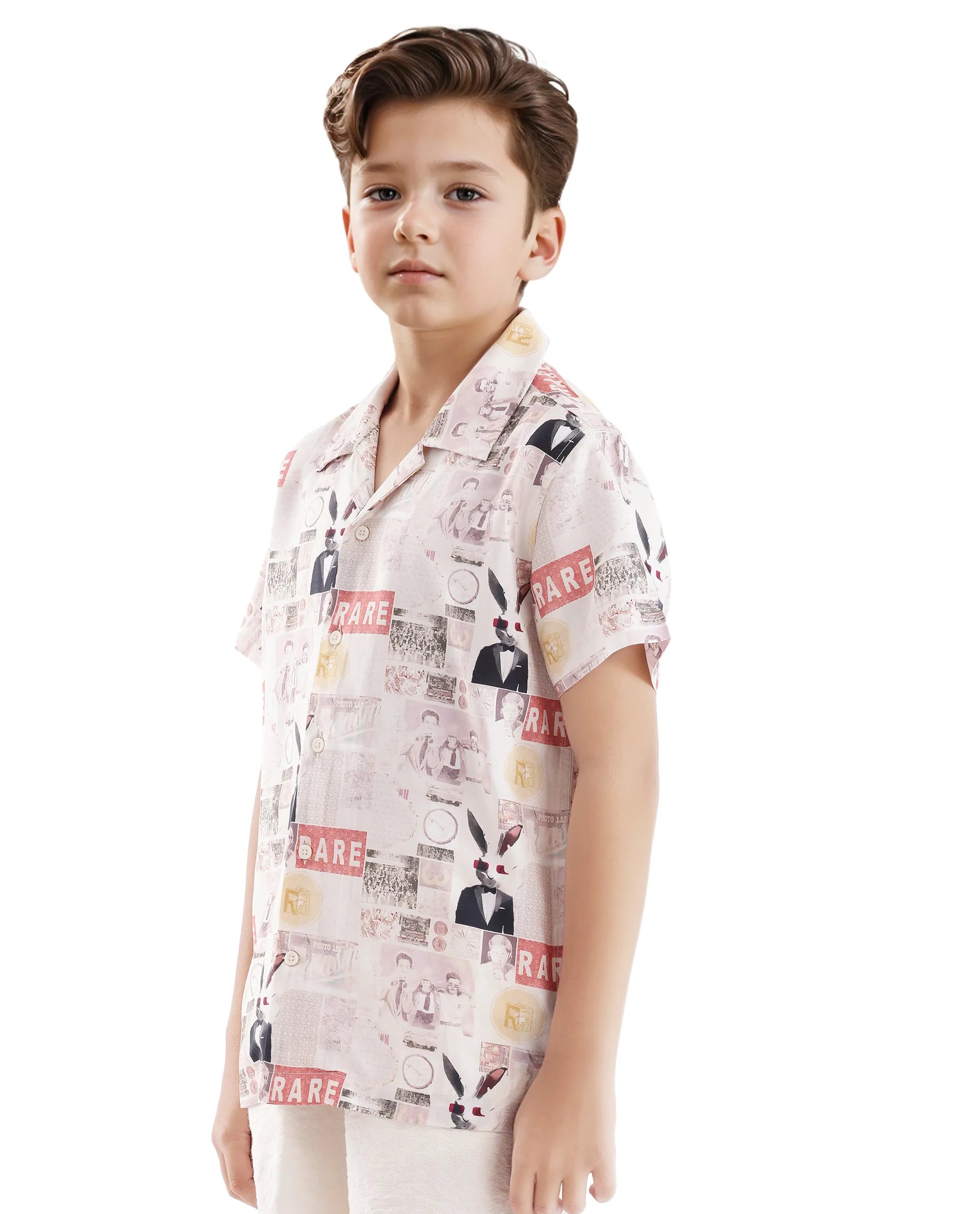 Rare Ones Kids Hage Beige Viscose Half Sleeve Cuban Collar Printed Shirt