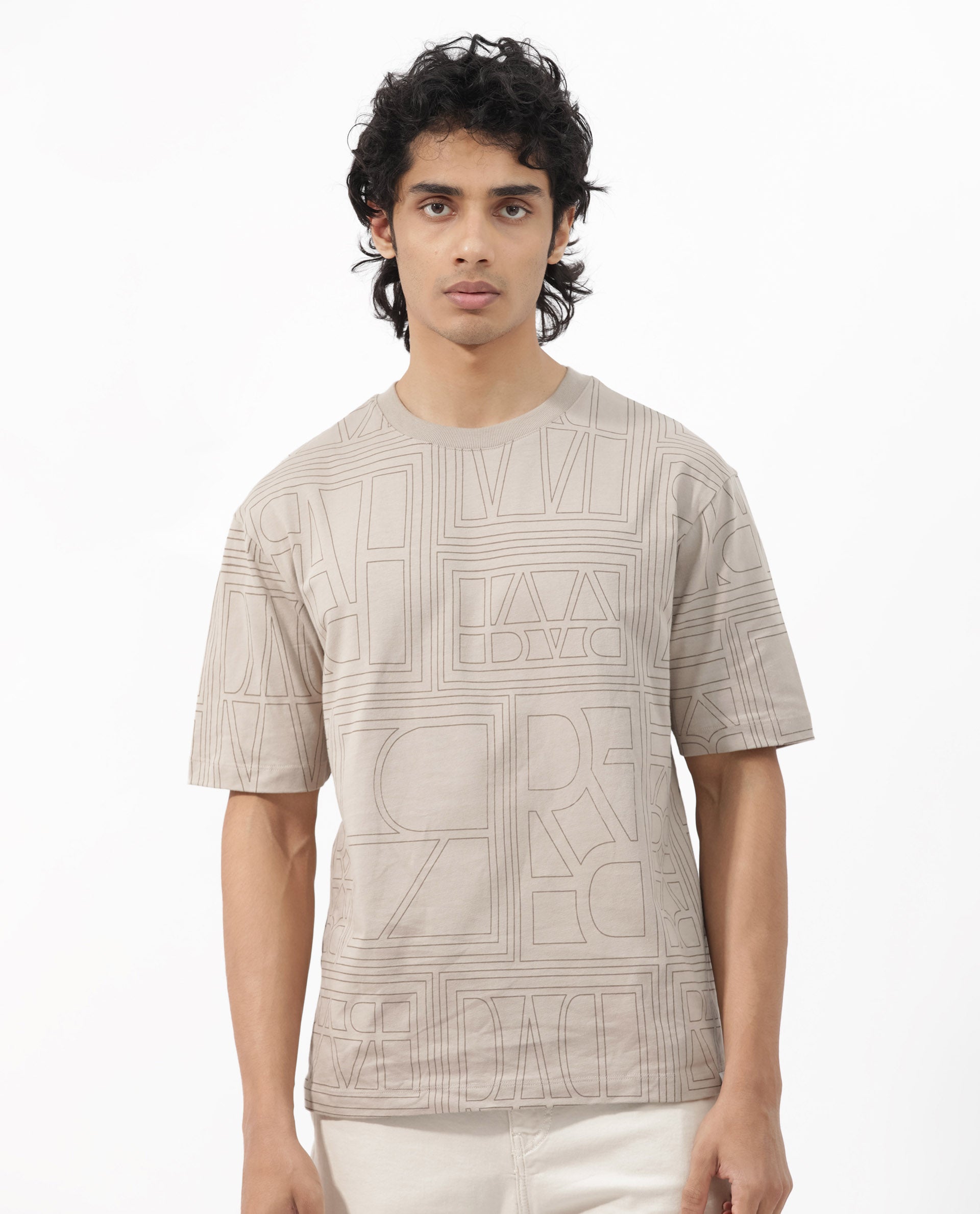 Rare Rabbit Articale Men's Hagrid Beige Cotton Polyester Fabric Crew Neck Oversized Fit Branded Graphic Print T-Shirt