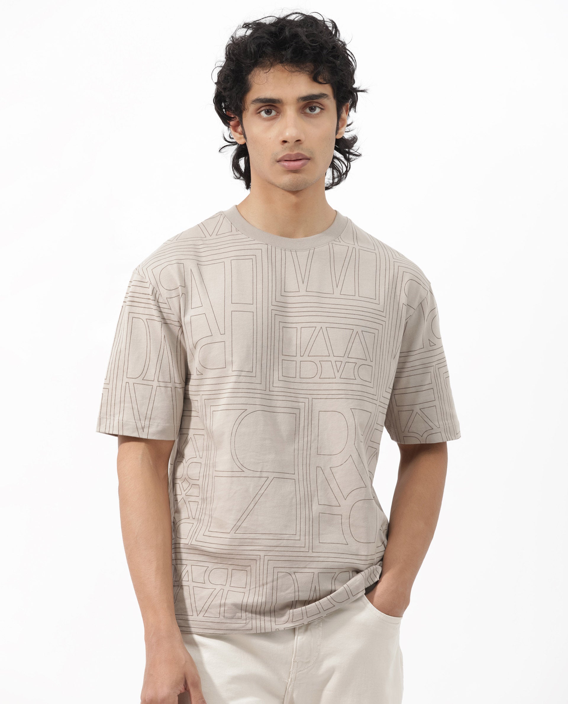 Rare Rabbit Articale Men's Hagrid Beige Cotton Polyester Fabric Crew Neck Oversized Fit Branded Graphic Print T-Shirt