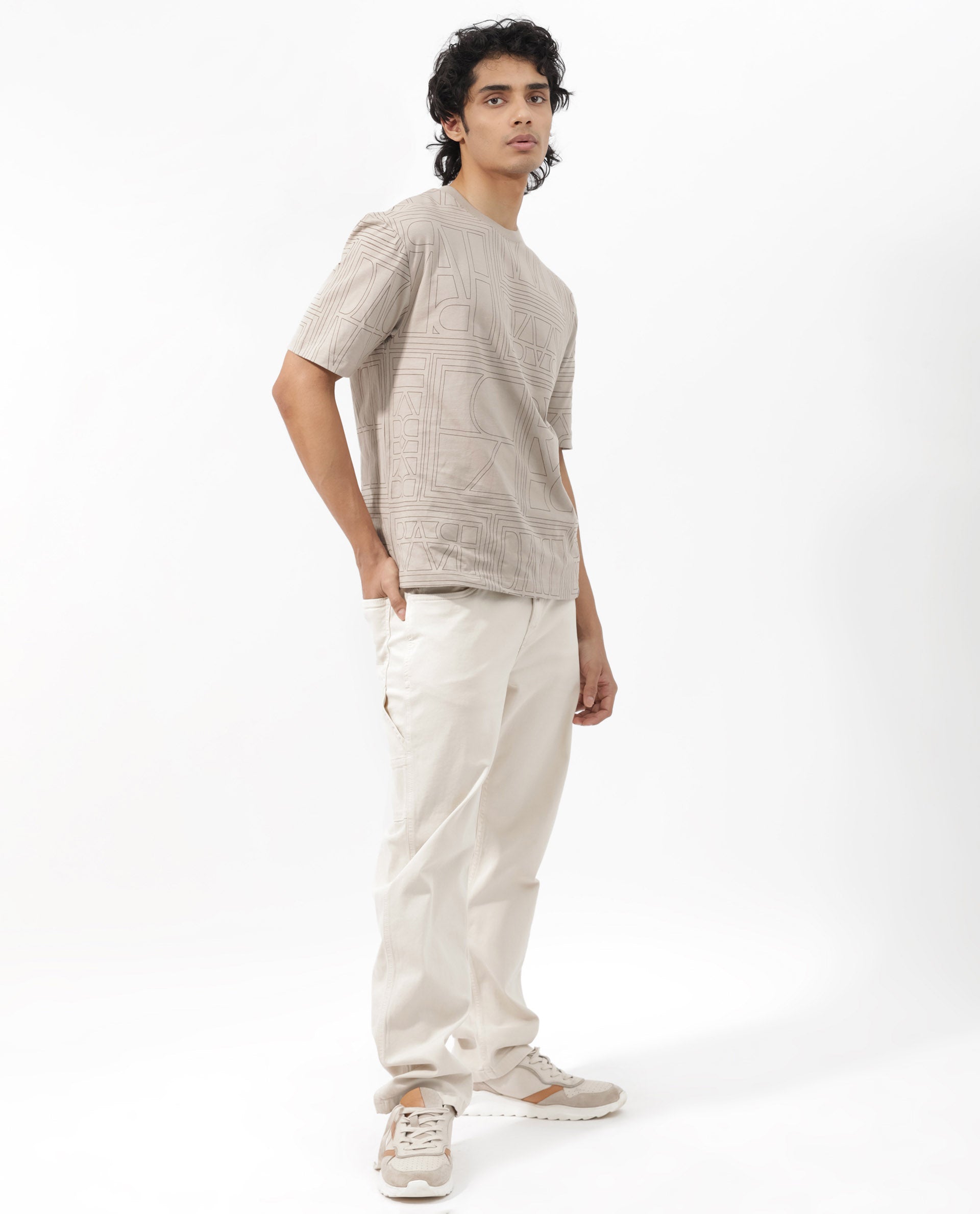 Rare Rabbit Articale Men's Hagrid Beige Cotton Polyester Fabric Crew Neck Oversized Fit Branded Graphic Print T-Shirt