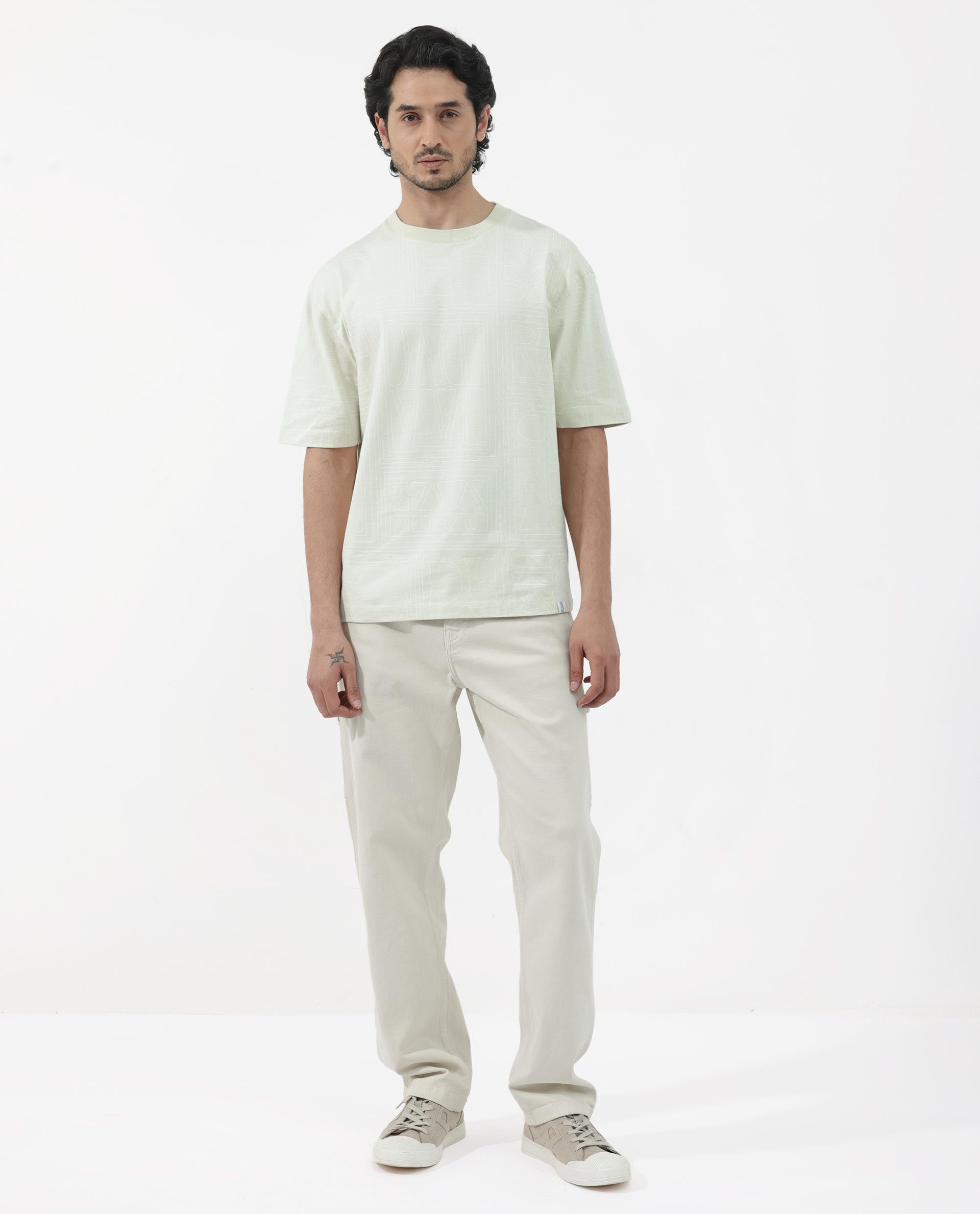 Rare Rabbit Articale Men's Hagrid Pastel Green Cotton Polyester Fabric Crew Neck Oversized Fit Branded Graphic Print T-Shirt