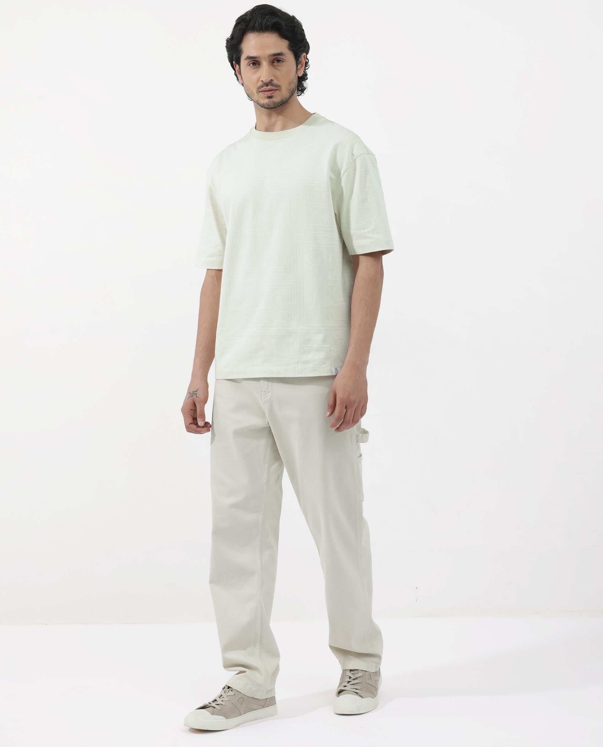 Rare Rabbit Articale Men's Hagrid Pastel Green Cotton Polyester Fabric Crew Neck Oversized Fit Branded Graphic Print T-Shirt