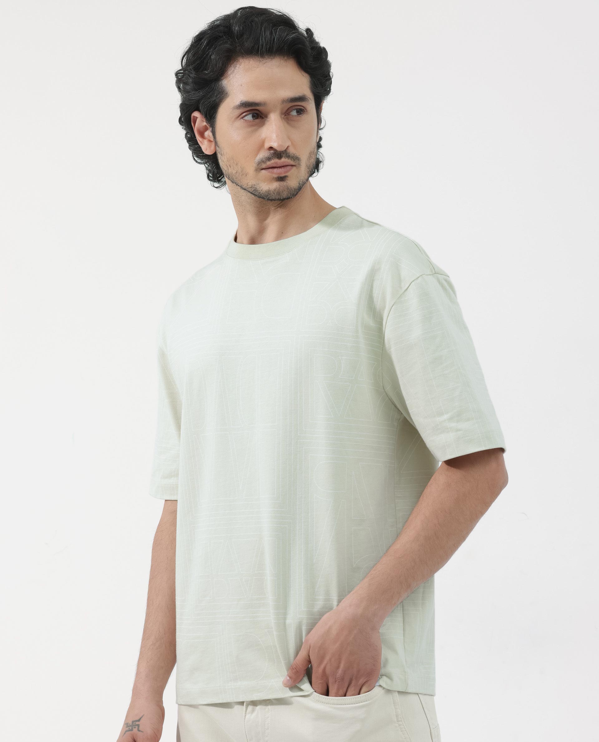 Rare Rabbit Articale Men's Hagrid Pastel Green Cotton Polyester Fabric Crew Neck Oversized Fit Branded Graphic Print T-Shirt