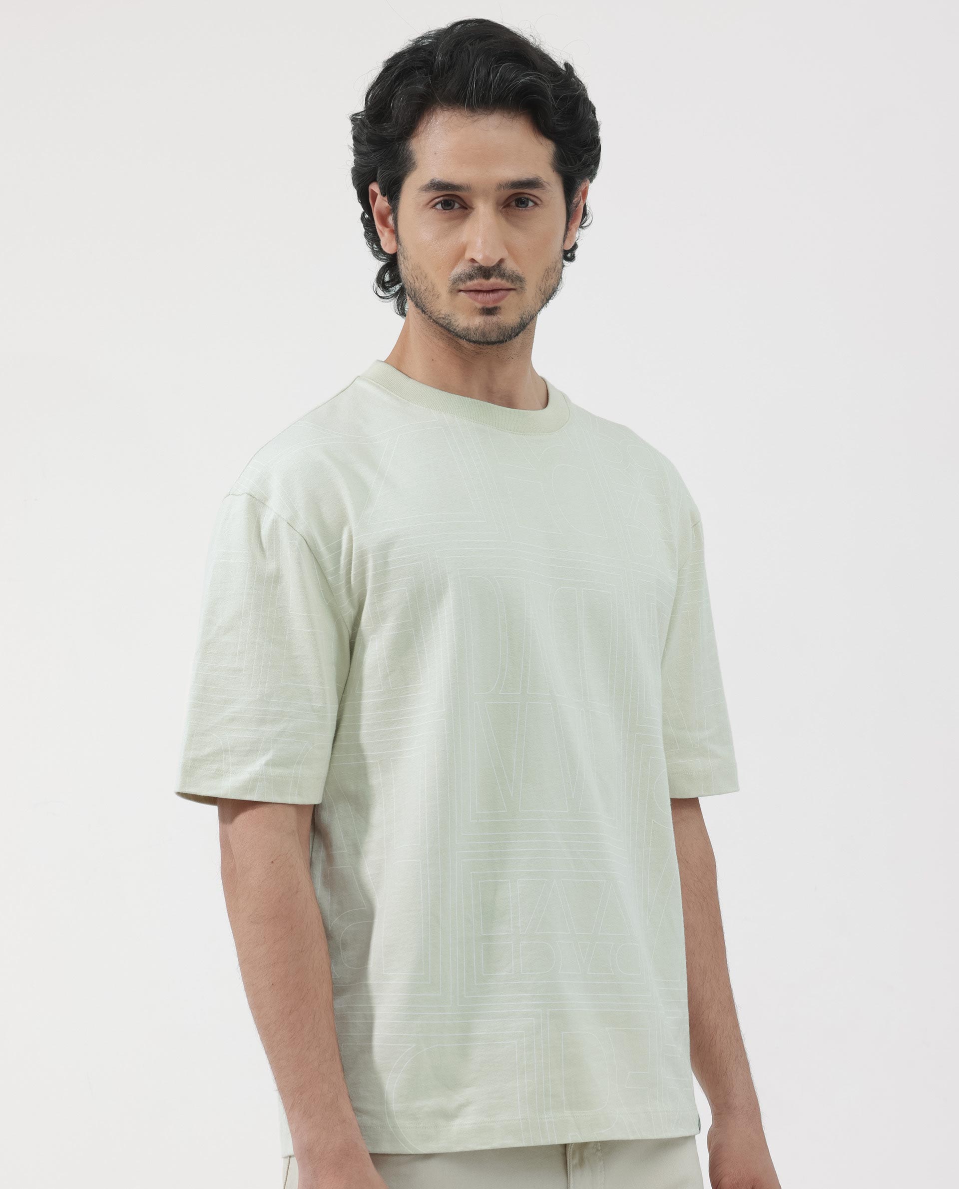 Rare Rabbit Articale Men's Hagrid Pastel Green Cotton Polyester Fabric Crew Neck Oversized Fit Branded Graphic Print T-Shirt