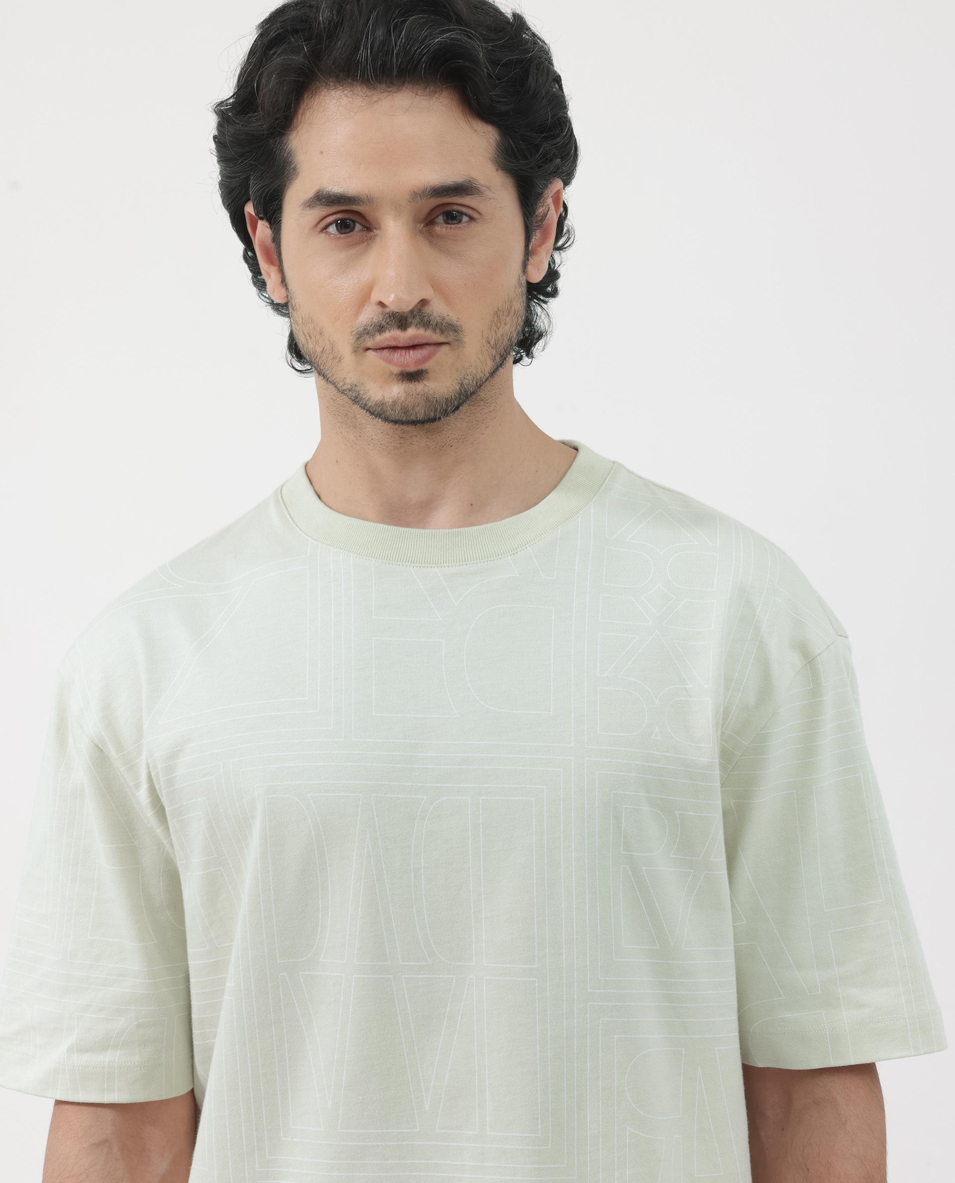 Rare Rabbit Articale Men's Hagrid Pastel Green Cotton Polyester Fabric Crew Neck Oversized Fit Branded Graphic Print T-Shirt