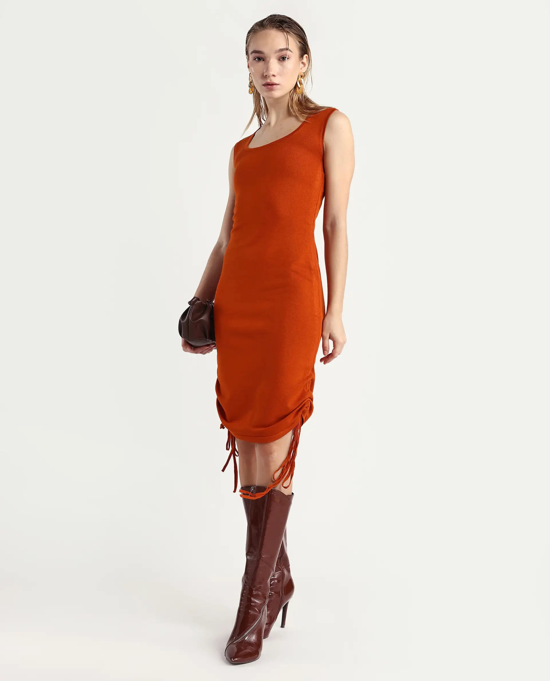 Rareism Women's Hailey Orange Viscose Square Neck Plain Sleeveless Mini Regular Fit Dress