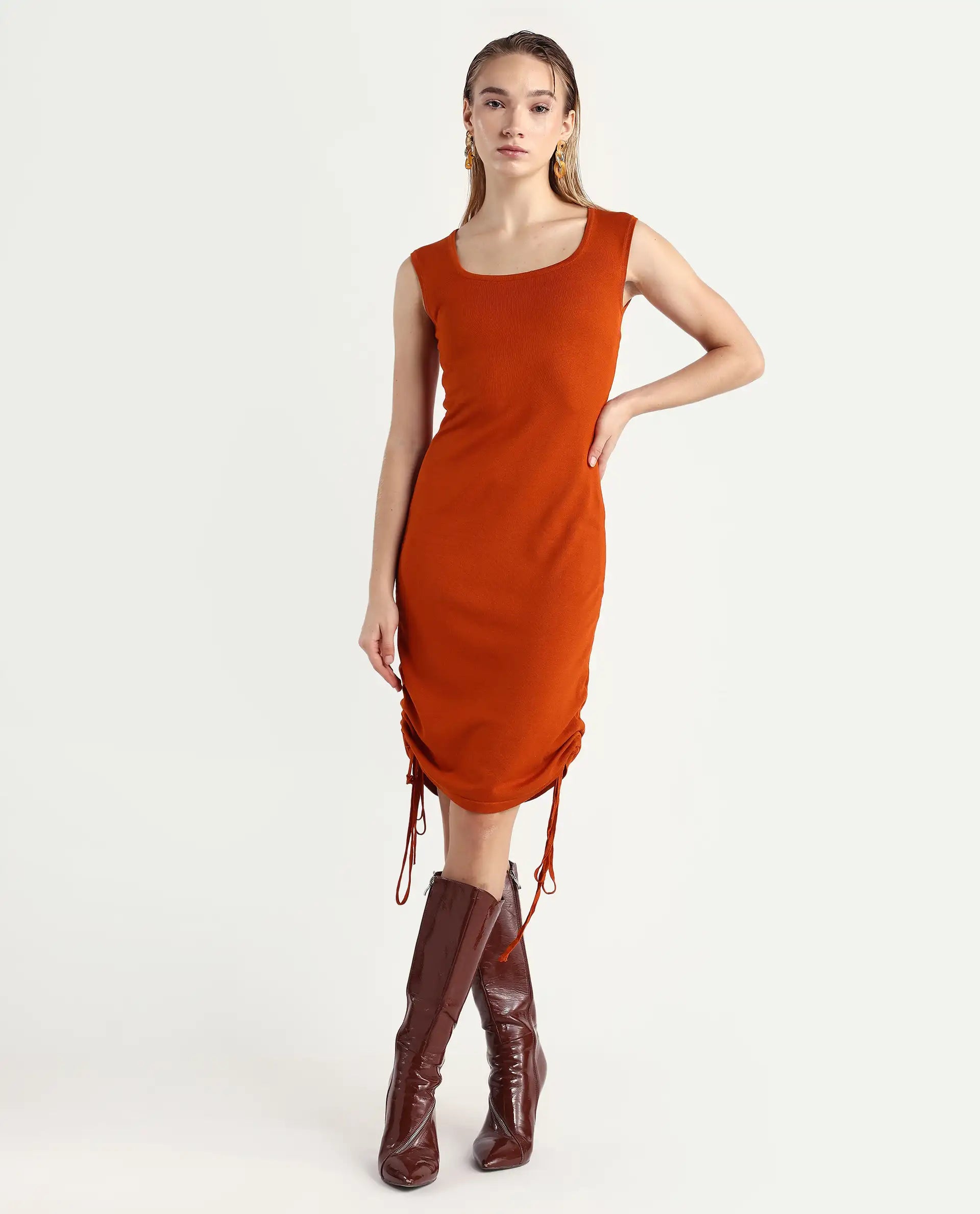 Rareism Women's Hailey Orange Viscose Square Neck Plain Sleeveless Mini Regular Fit Dress