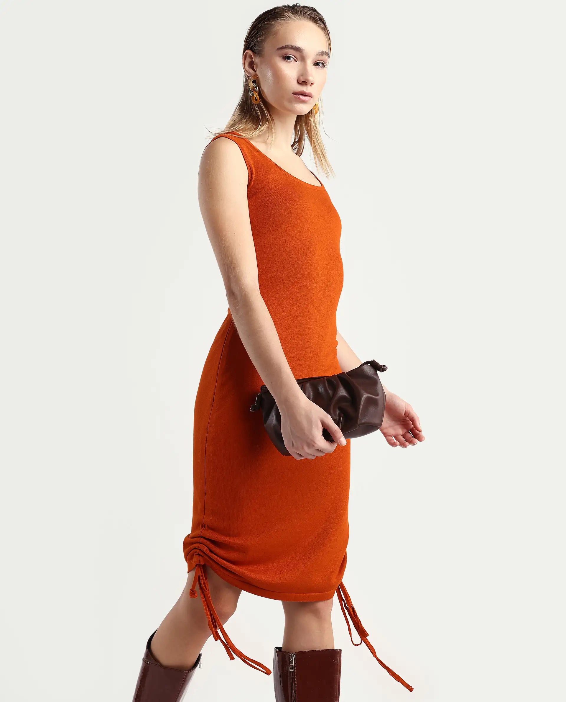 Rareism Women's Hailey Orange Viscose Square Neck Plain Sleeveless Mini Regular Fit Dress